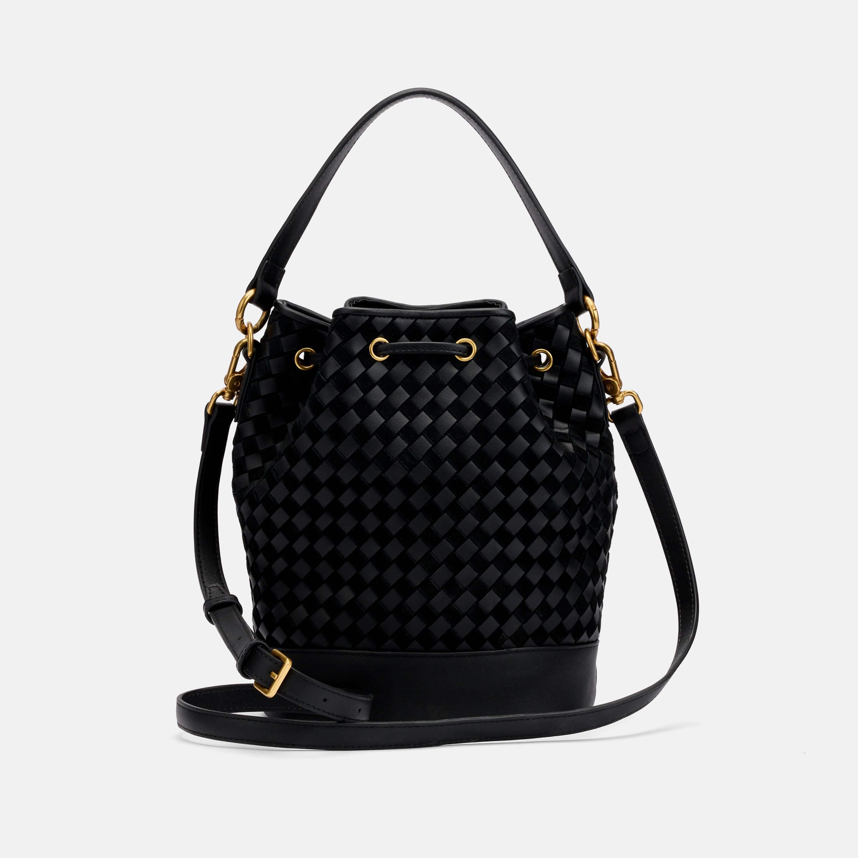 Nora Black Woven Leather Bucket Bag