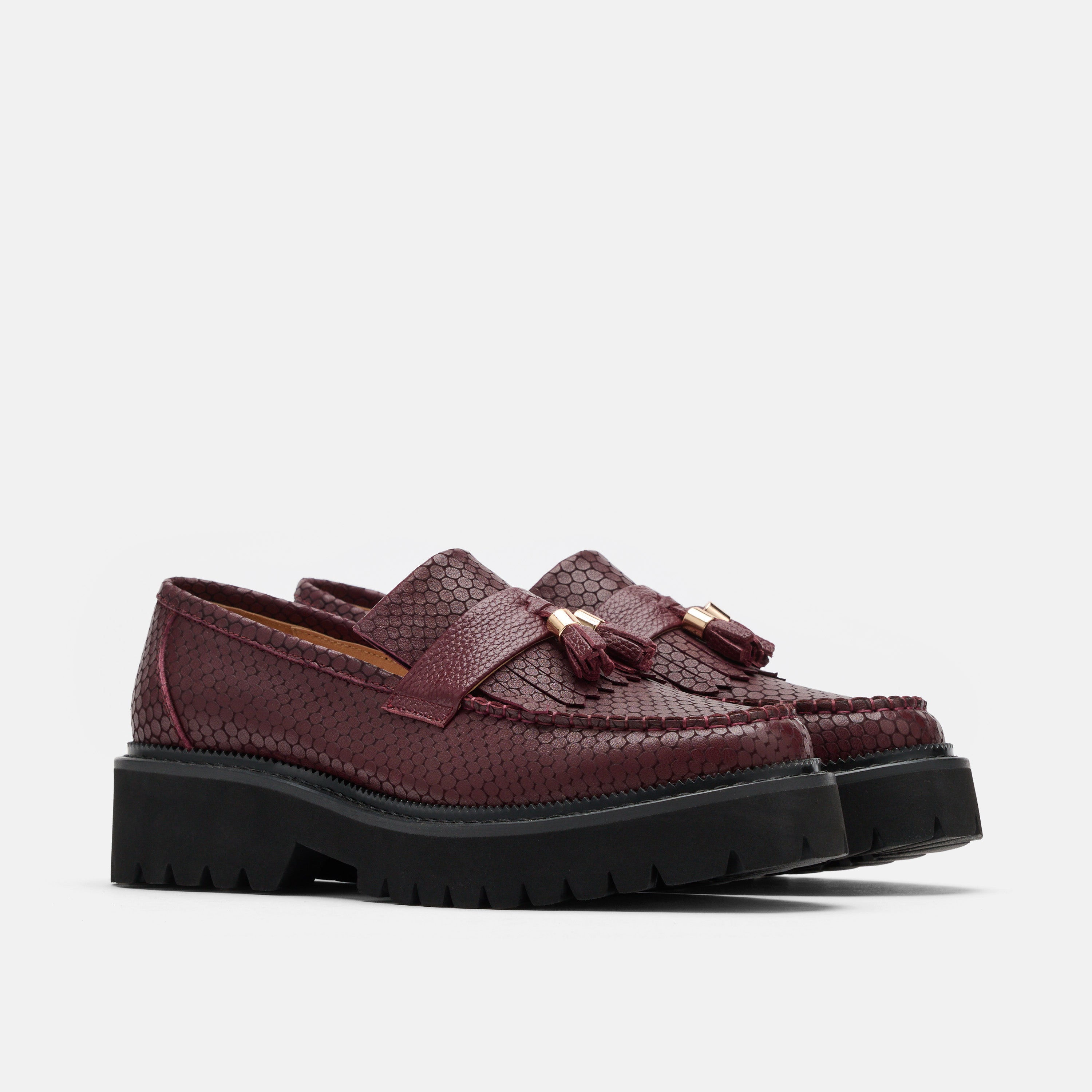 Ms. Journey Burgundy Crocskin Leather Lug Tassel Loafer