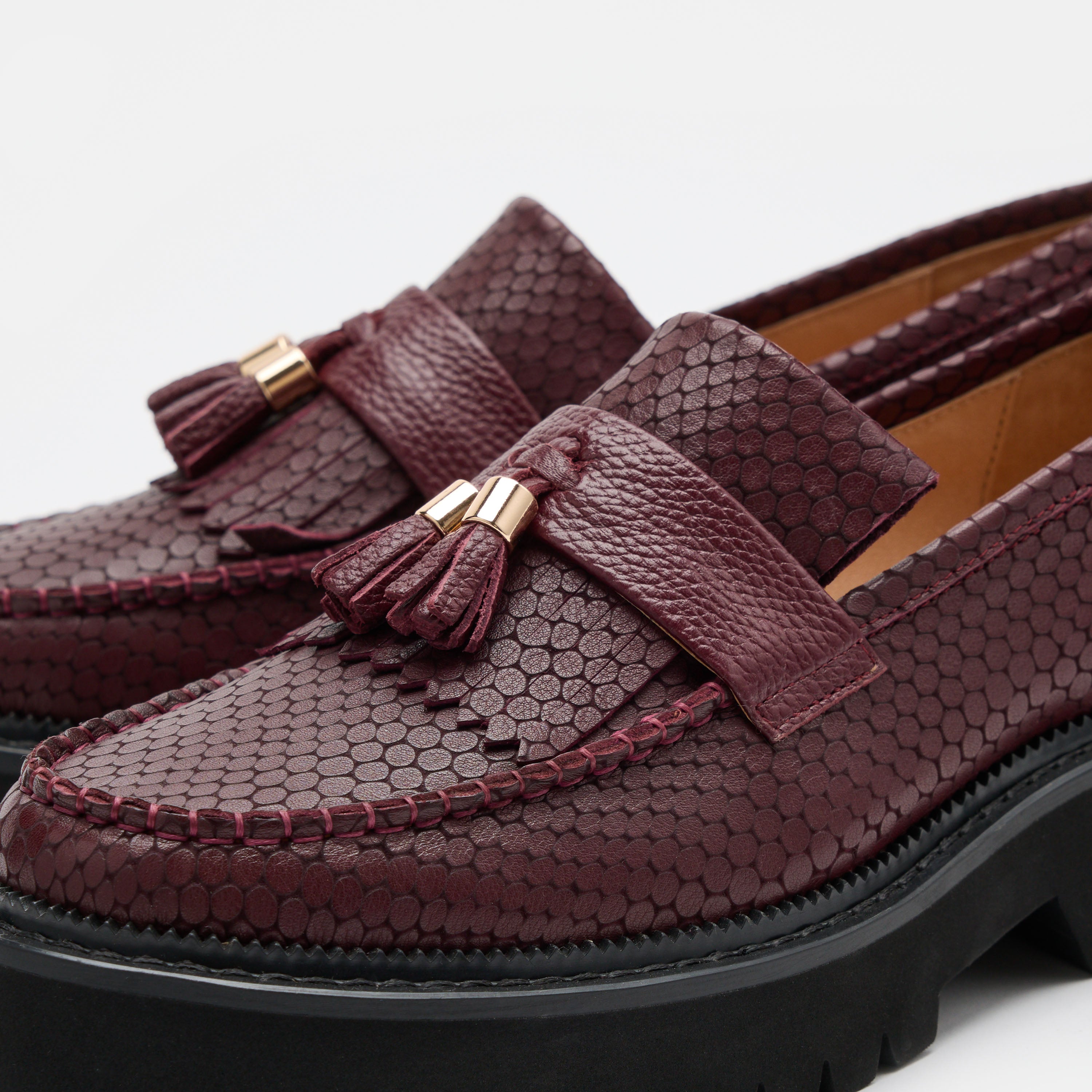 Ms. Journey Burgundy Crocskin Leather Lug Tassel Loafer