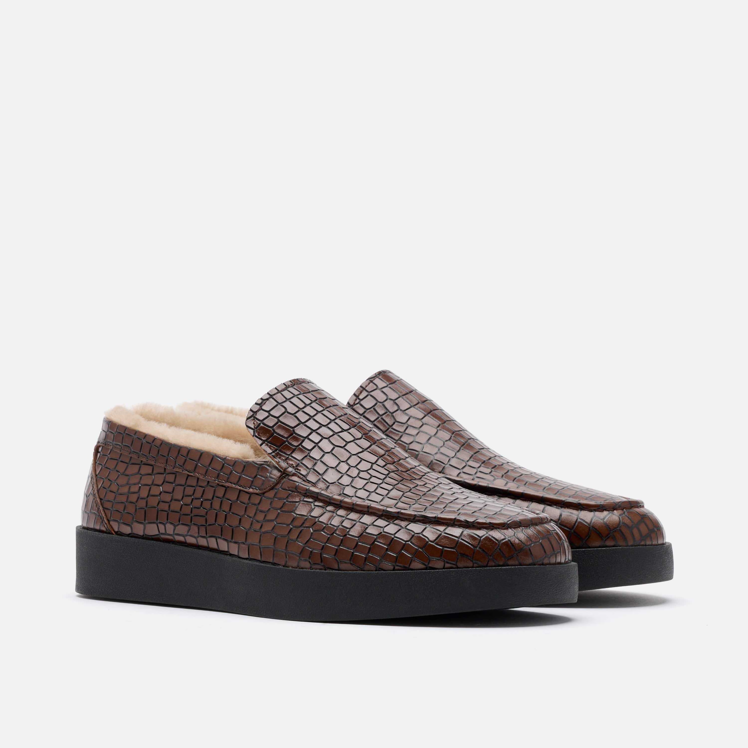Remy Brown Croc Leather and Shearling Loafers