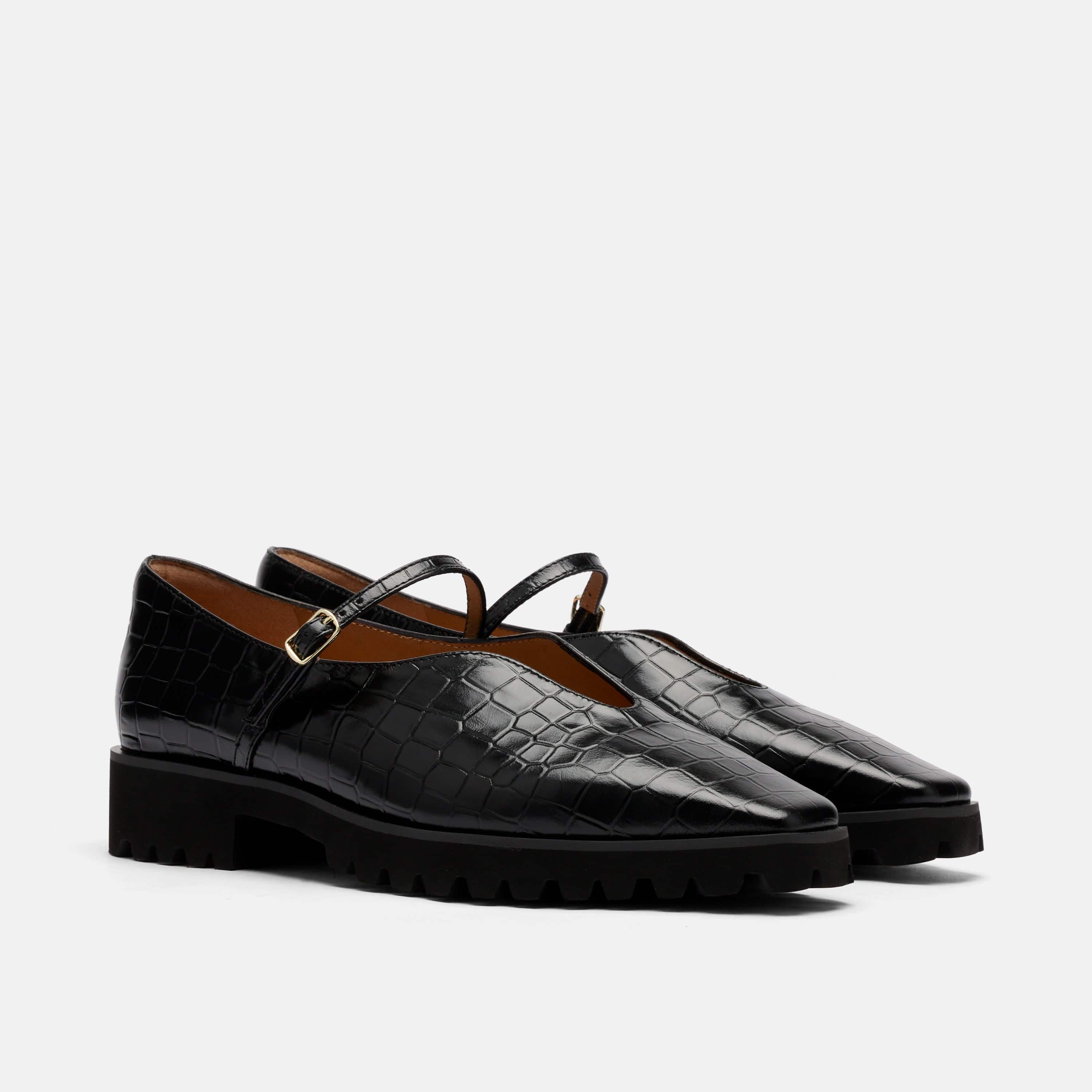 mary janeオーストリッチレッグ　ブラック　マネークリップ Roxie Black Croc Leather Lug Mary Janes