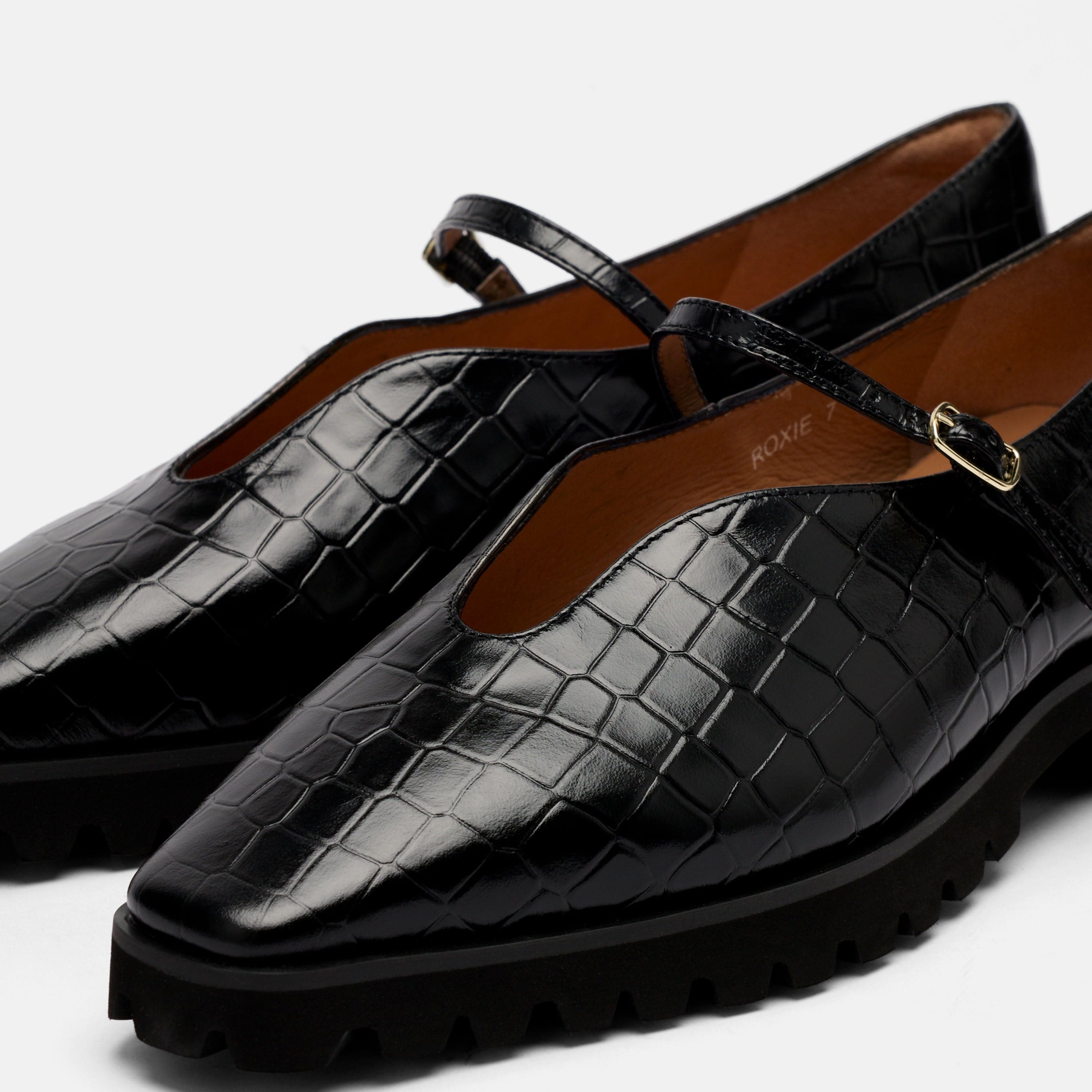 Roxie Black Croc Leather Lug Mary Janes