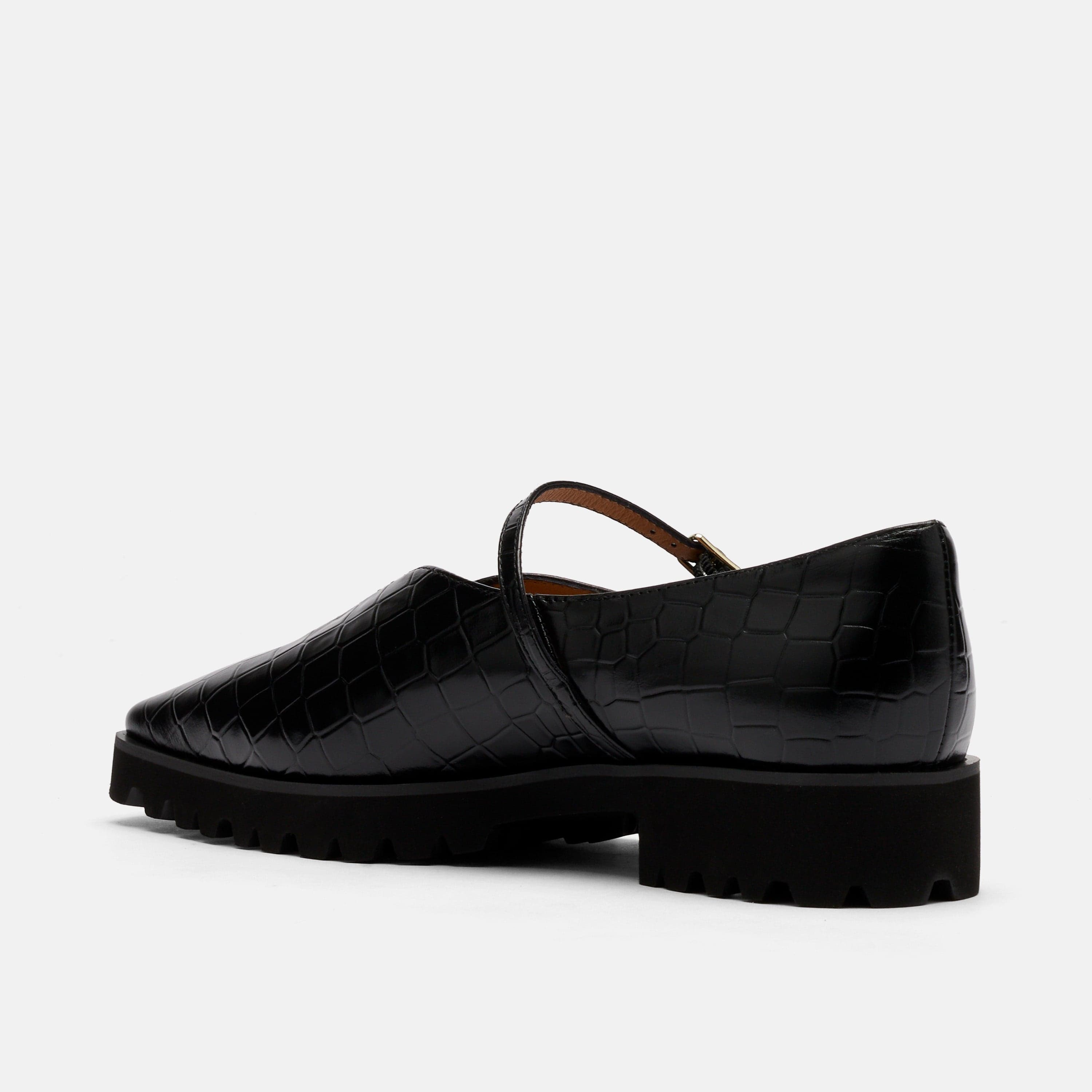 Roxie Black Croc Leather Lug Mary Janes