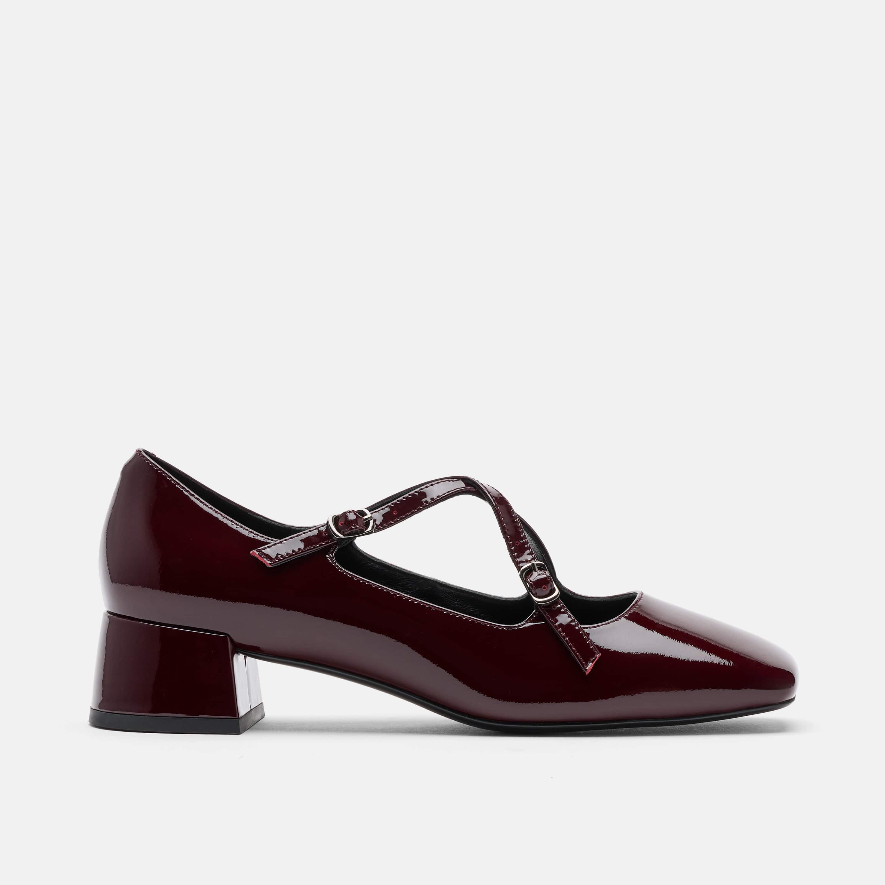 Ruby Burgundy Patent Leather Mary Jane Block Heels