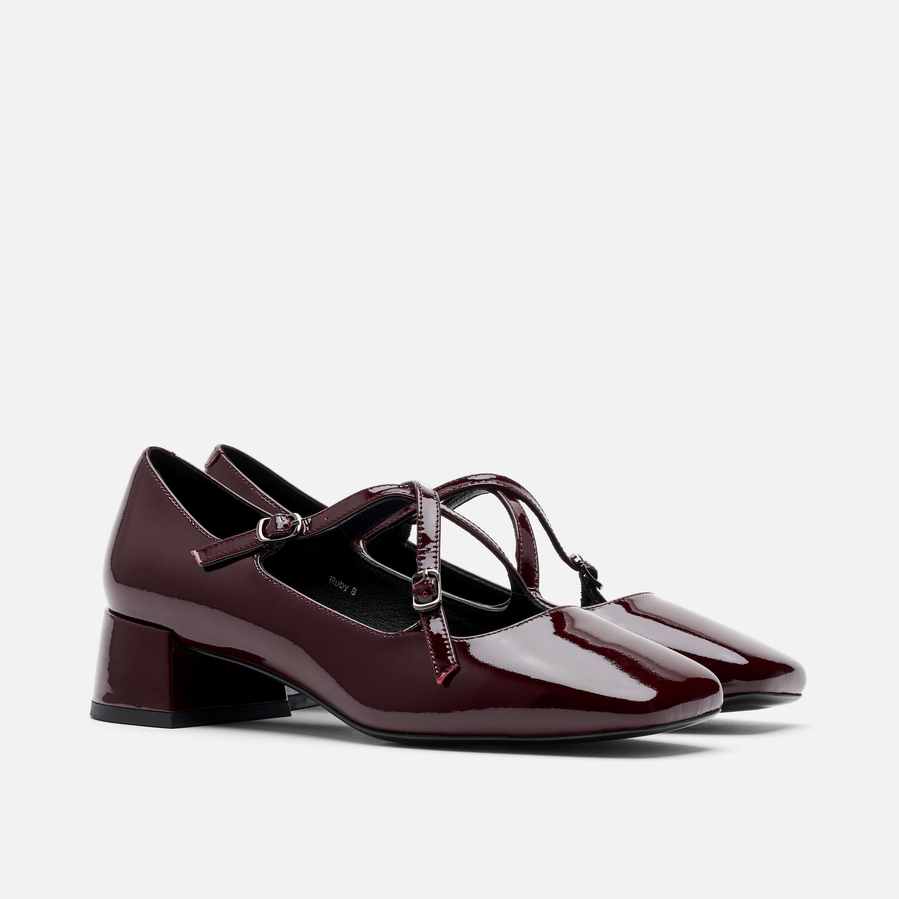 Ruby Burgundy Patent Leather Mary Jane Block Heels