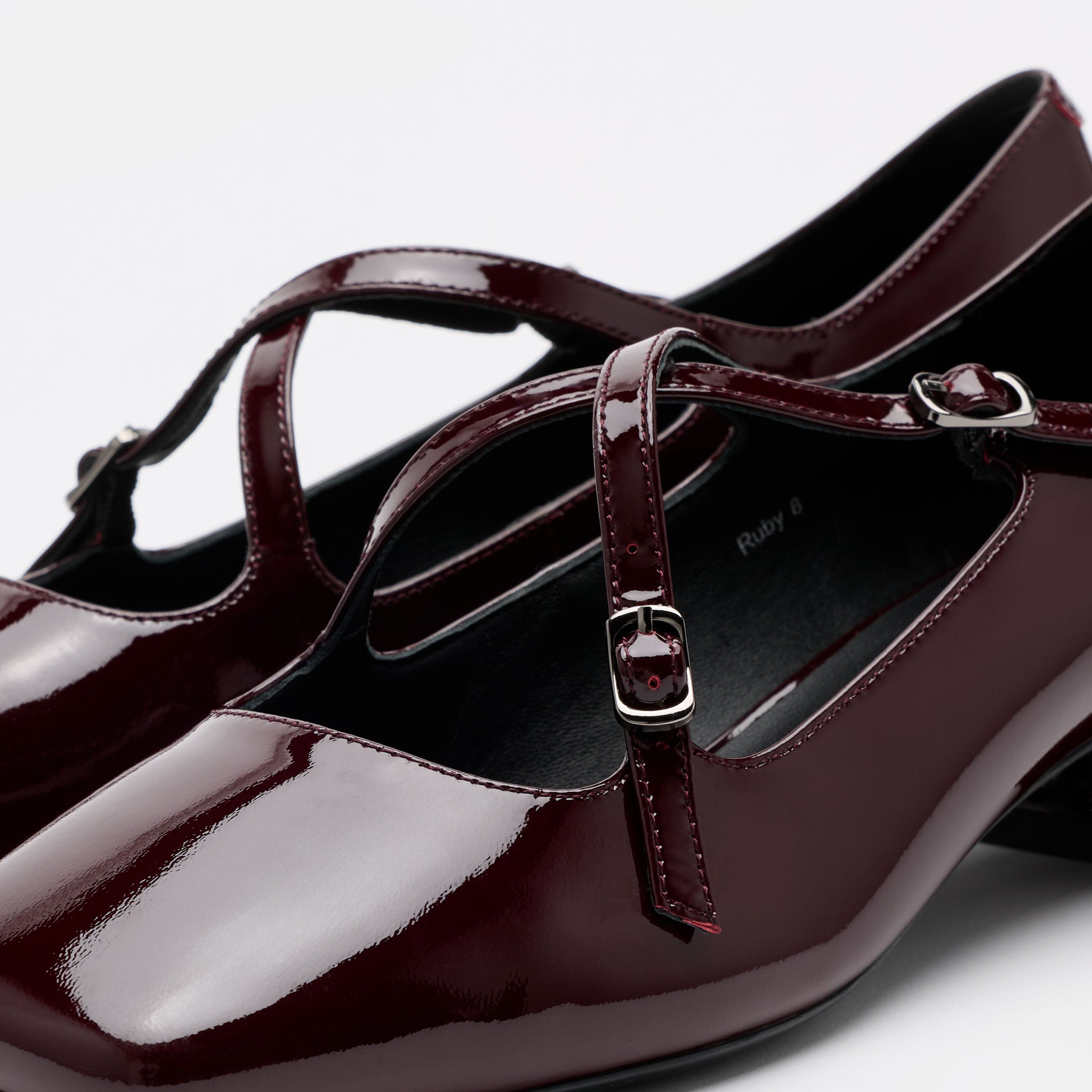Ruby Burgundy Patent Leather Mary Jane Block Heels
