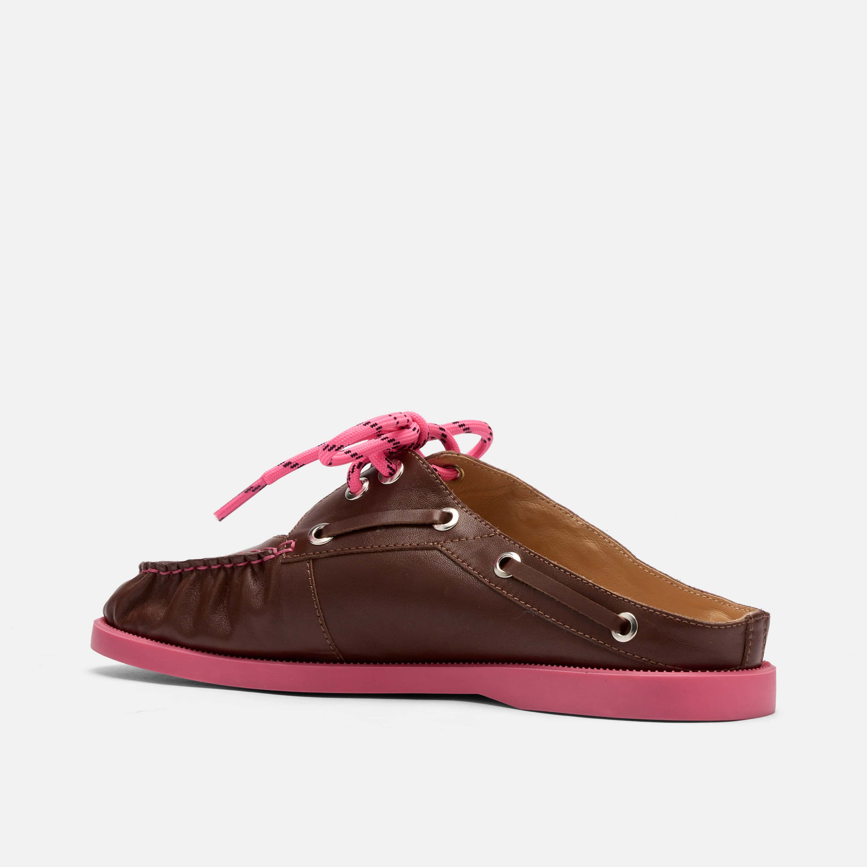 Selene Brown/Pink Pleated Leather Boat Shoe Mules