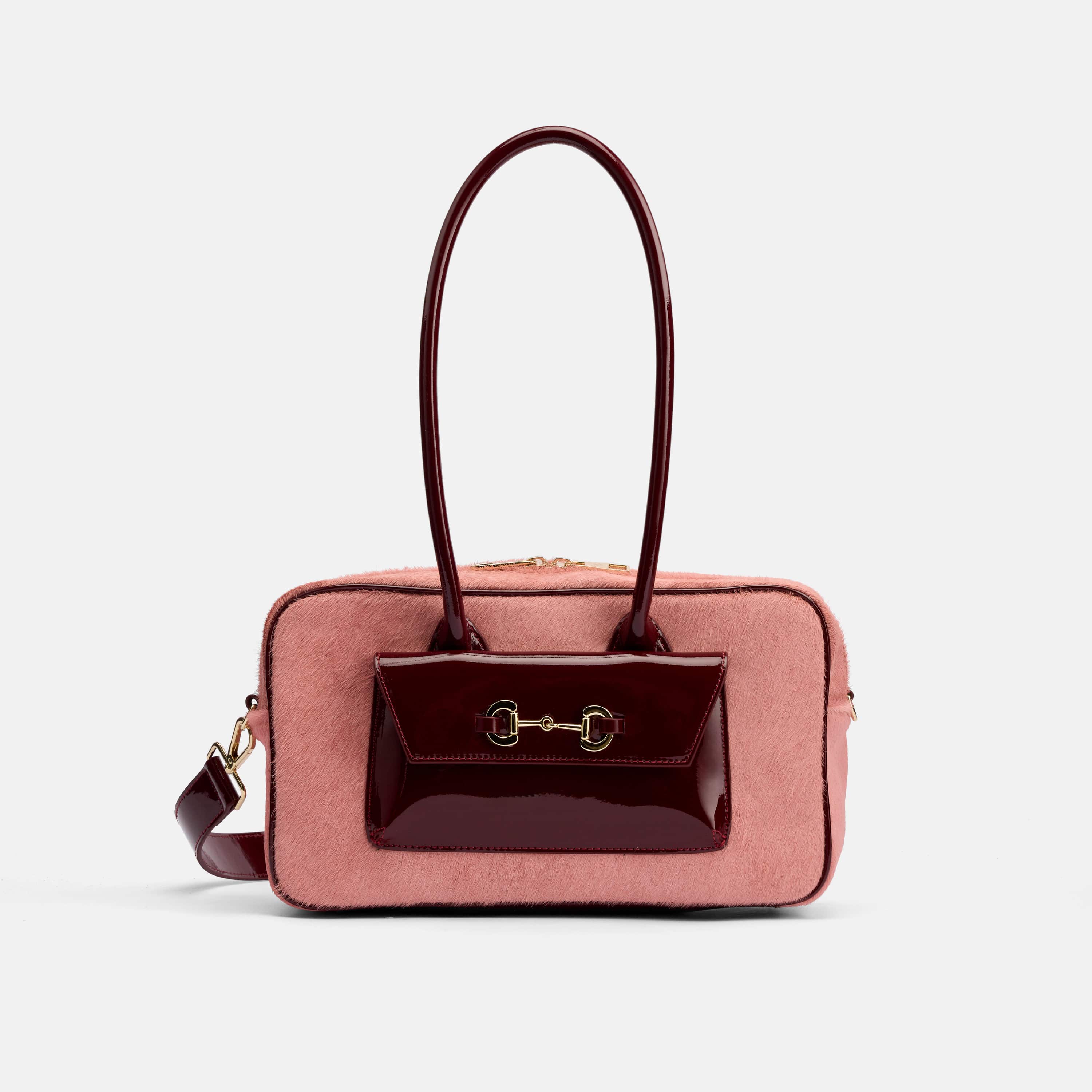 Serena Horsebit Shoulder Bag - Pink Haircalf & Burgundy Patent