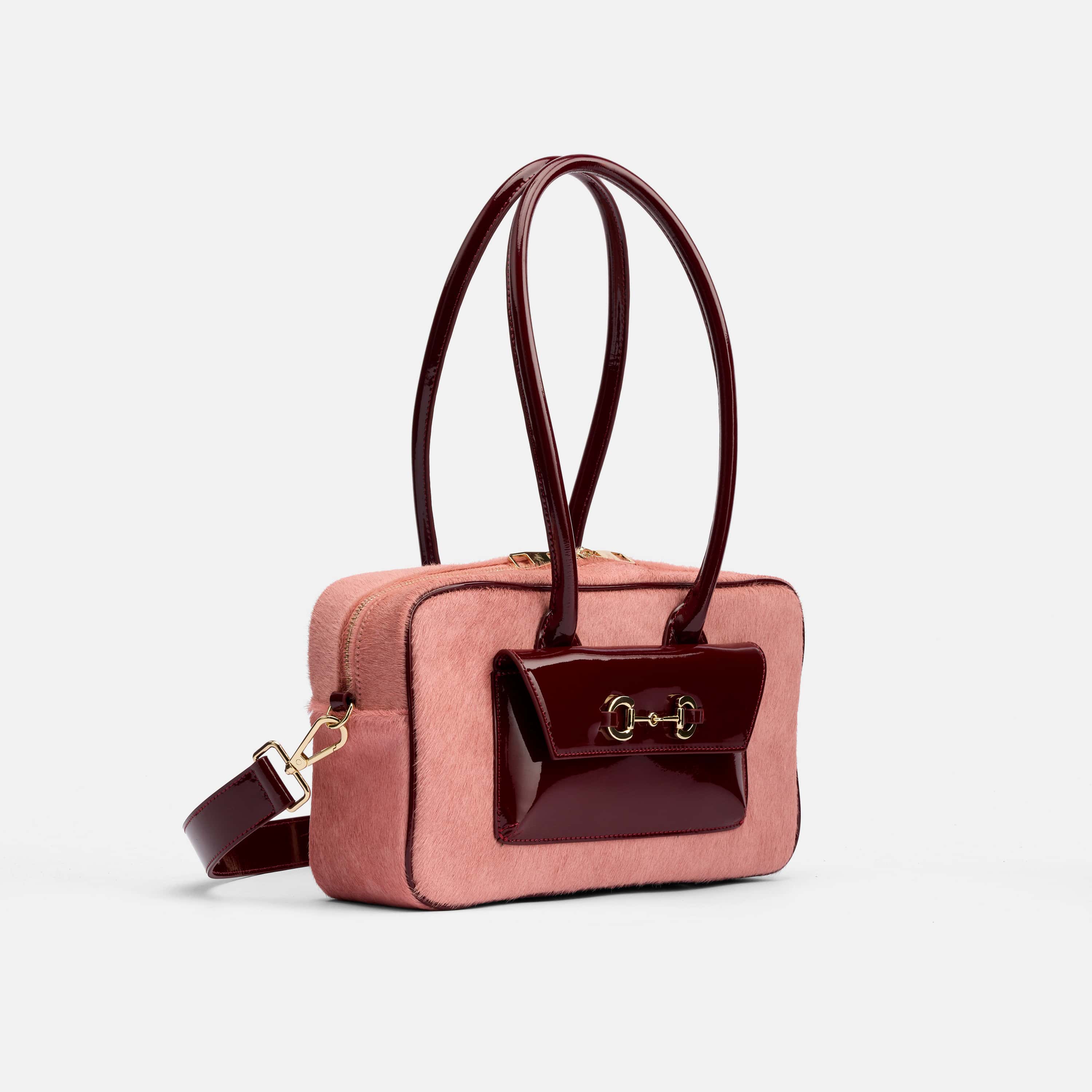 Serena Horsebit Shoulder Bag - Pink Haircalf & Burgundy Patent