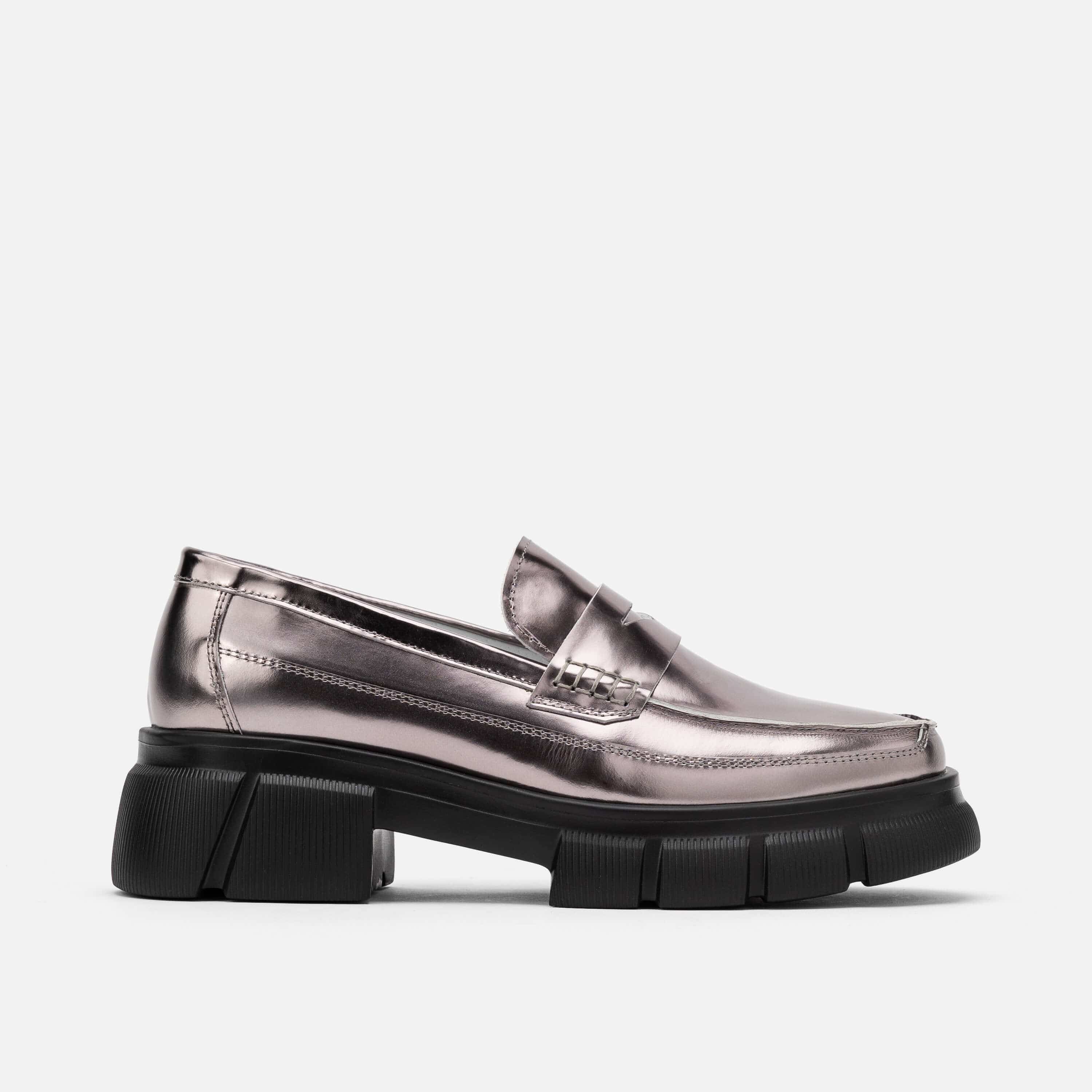 Ms. Calum Silver Rose Patent Leather Lug Penny Loafers