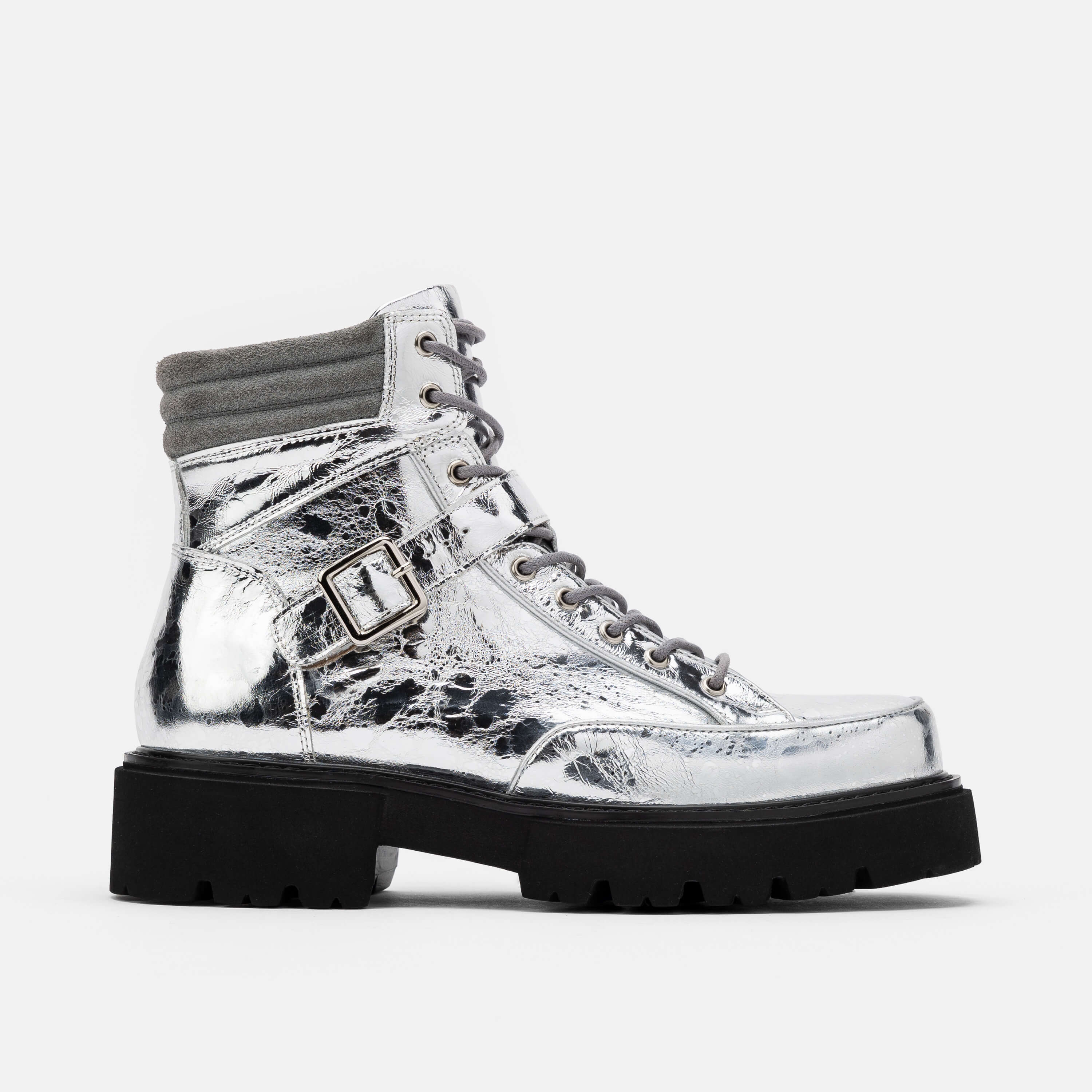 Ms. Atlas Chrome Patent Leather Strap Boots