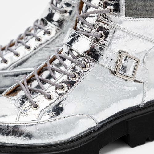 Ms. Atlas Chrome Patent Leather Strap Boots