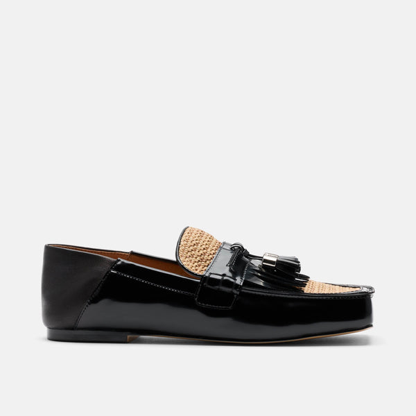 Simone Black/Tan Leather Raffia Tassel Loafers