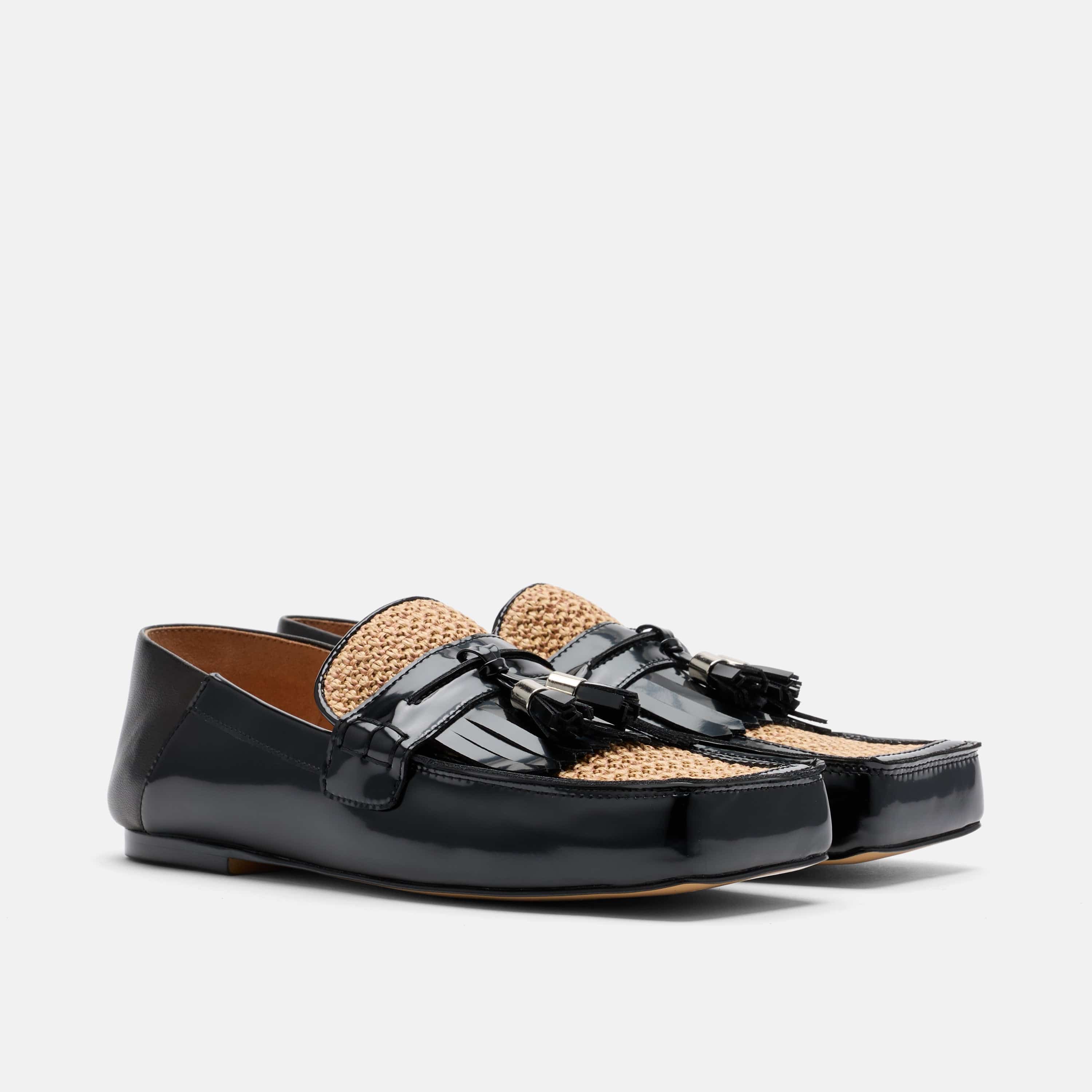 Simone Black/Tan Leather Raffia Tassel Loafers