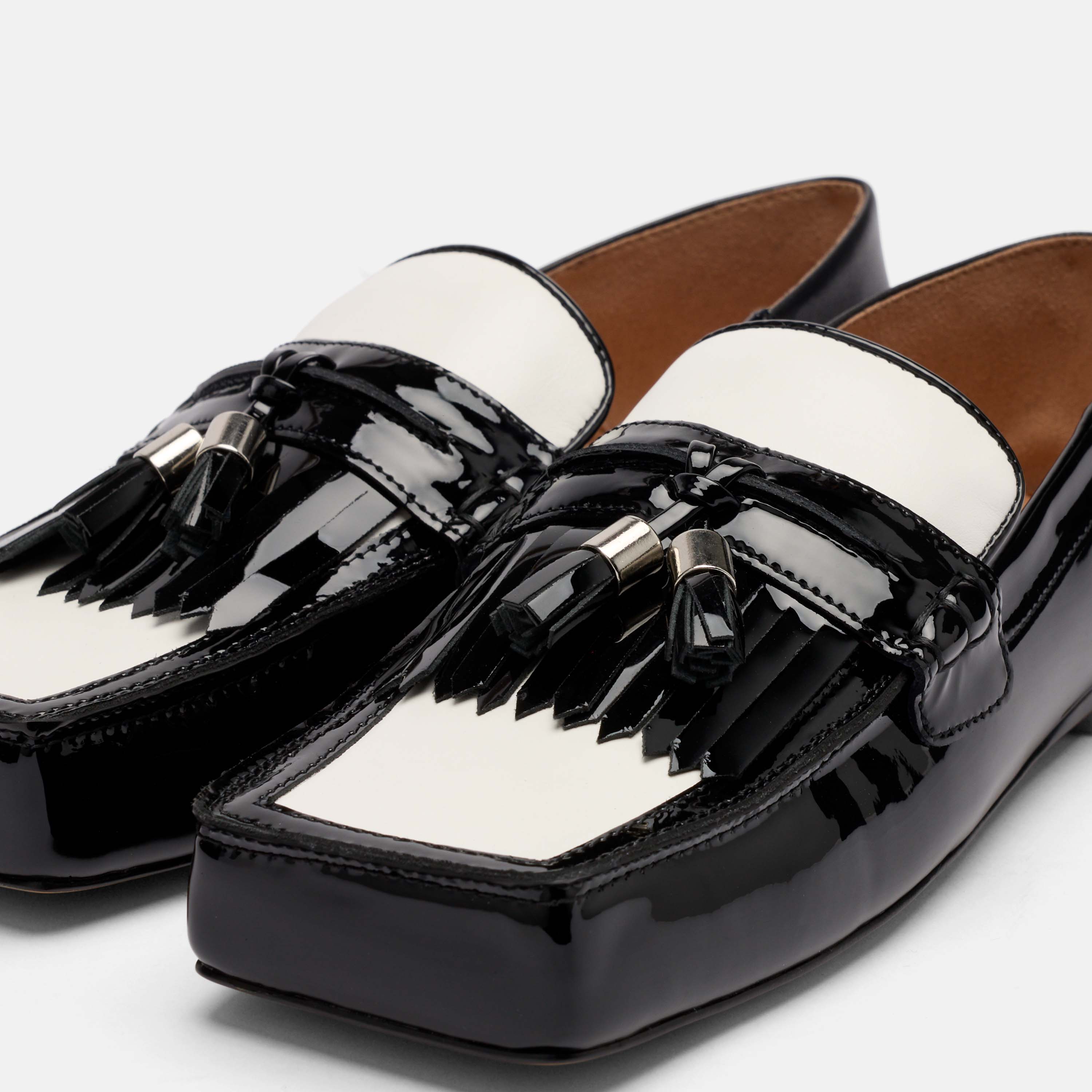 Simone Black/White Leather Tassel Loafers