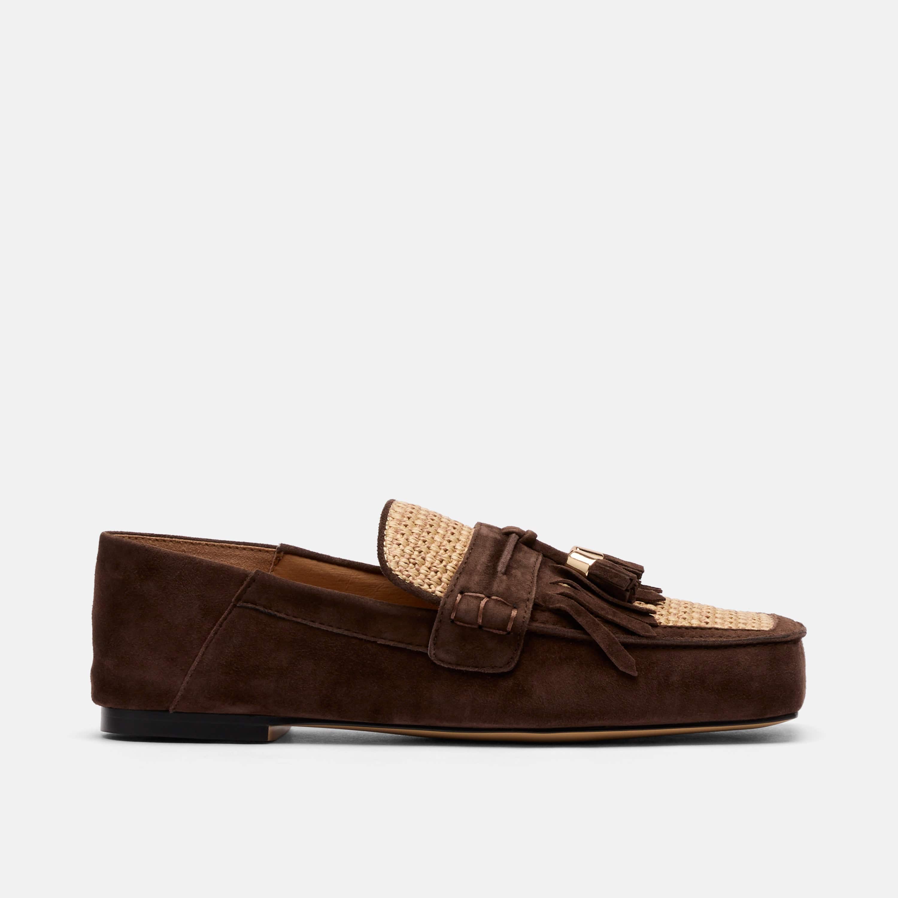 Simone Chocolate/Raffia Suede Tassel Loafers