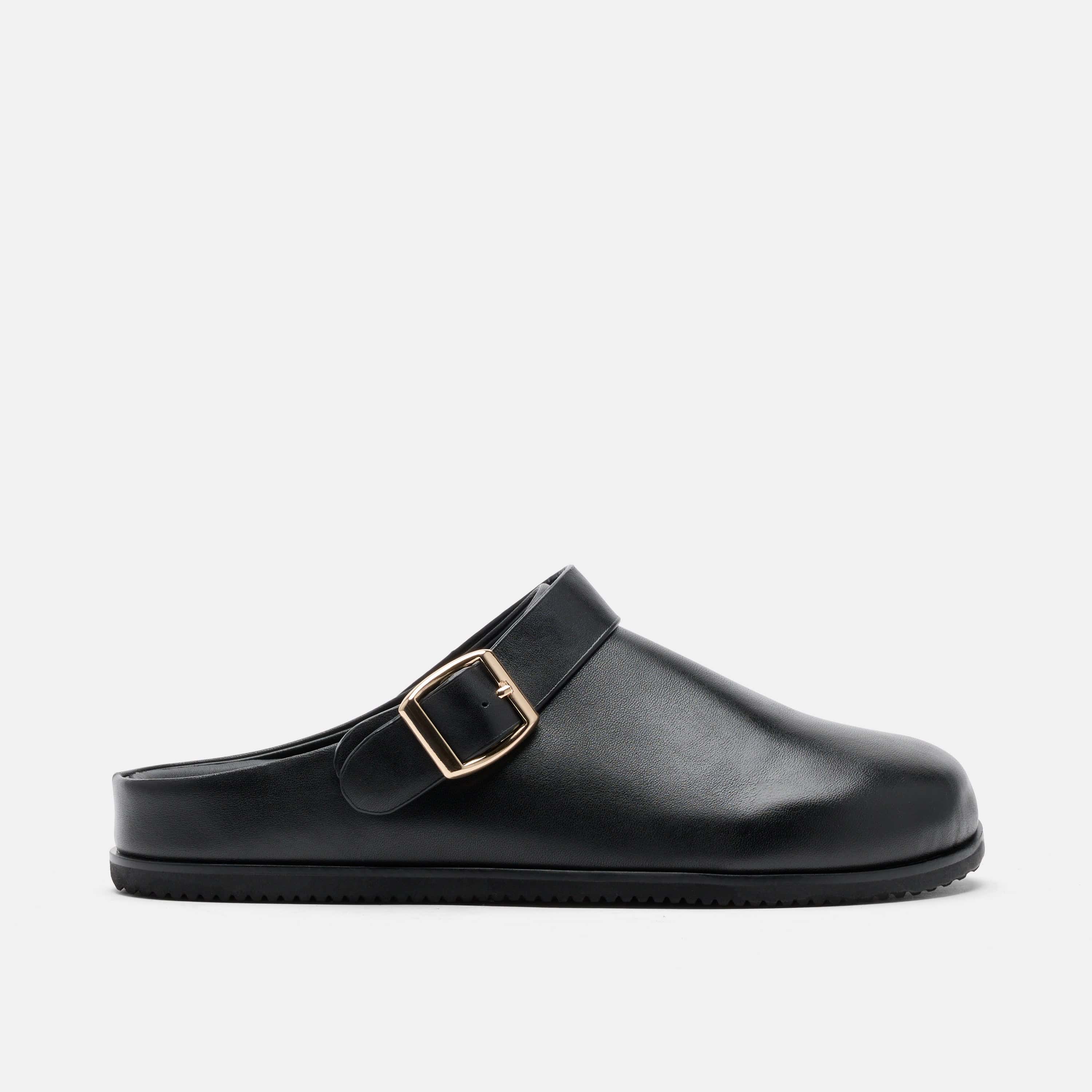 Solana Black Leather Backstrap Clogs