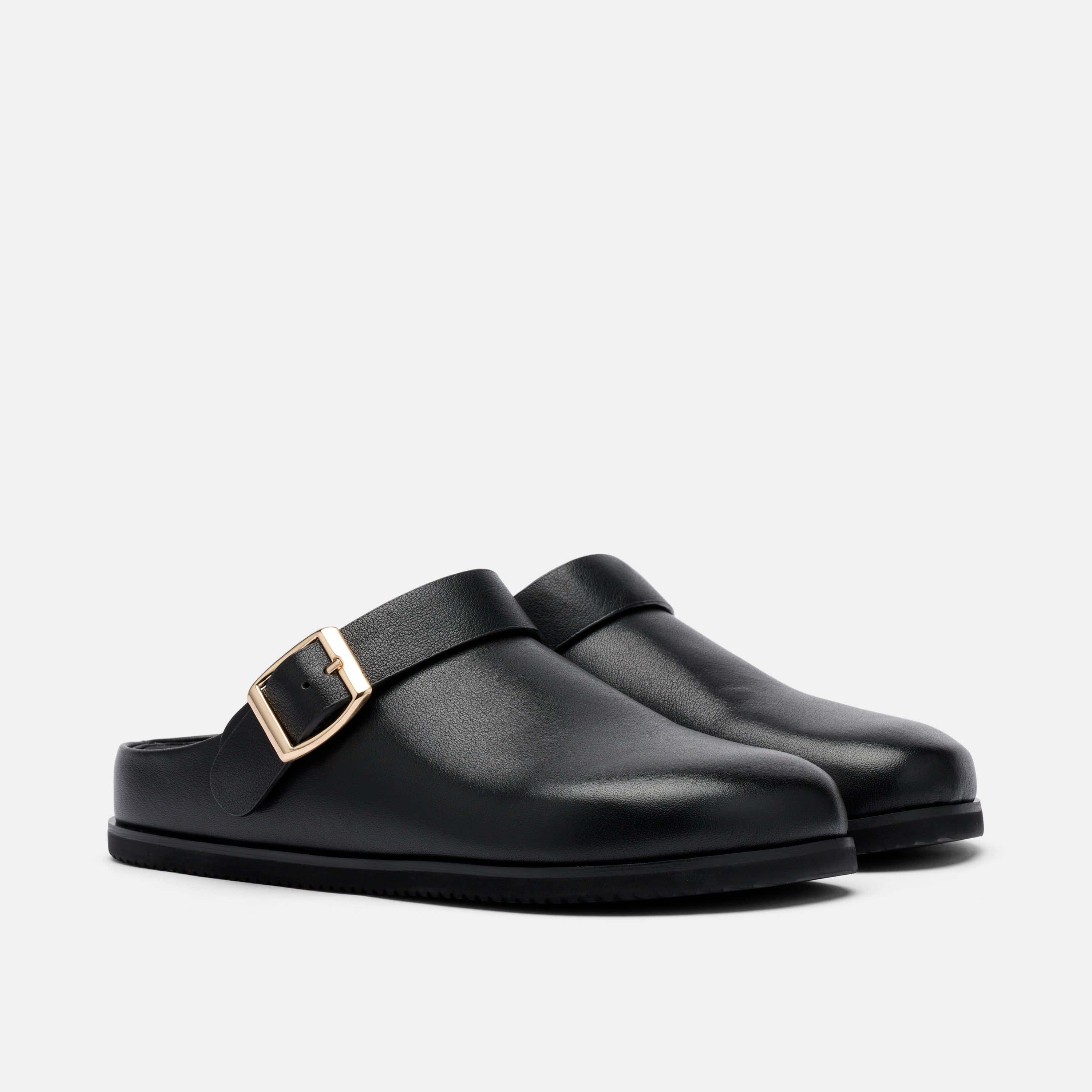 Solana Black Leather Backstrap Clogs