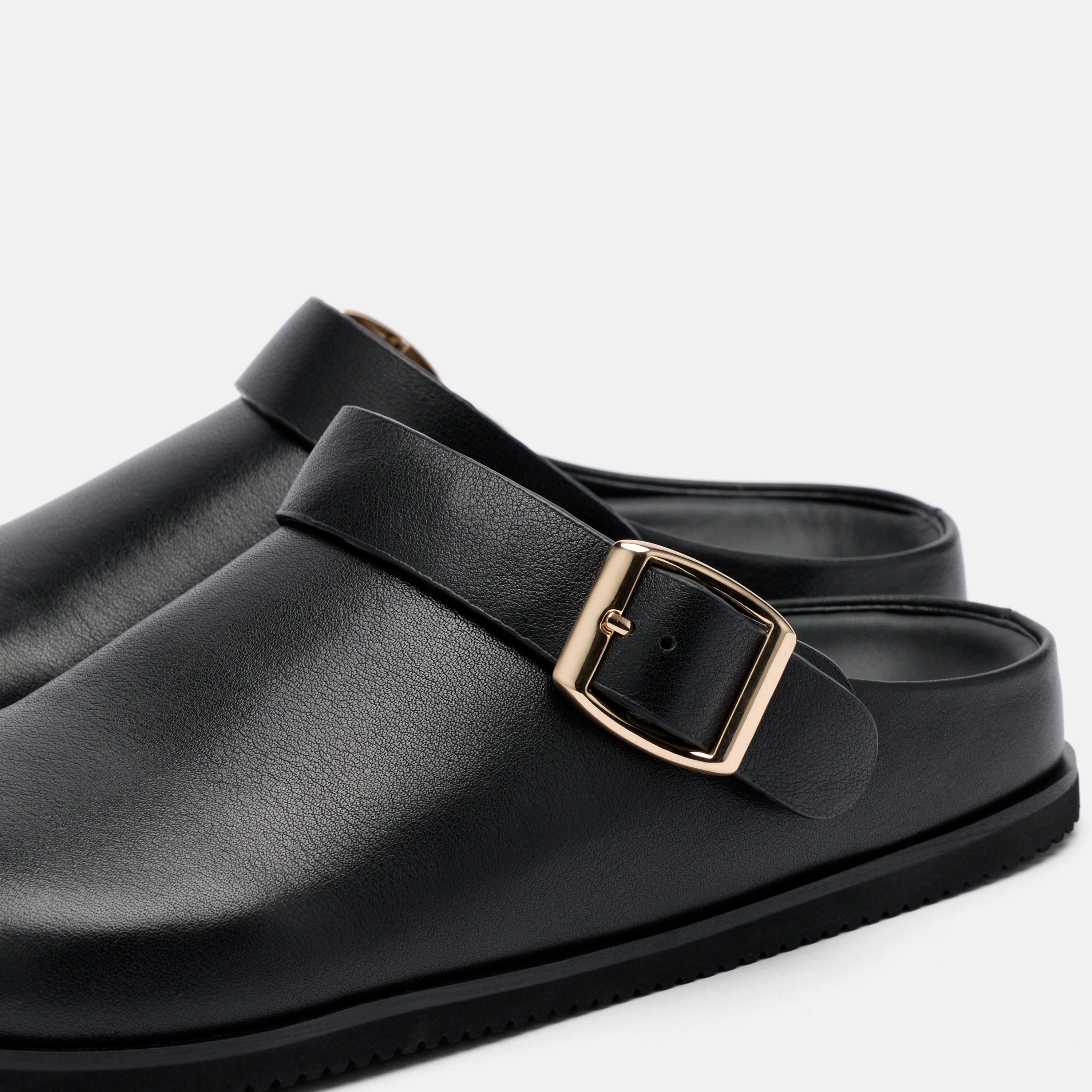 Solana Black Leather Backstrap Clogs