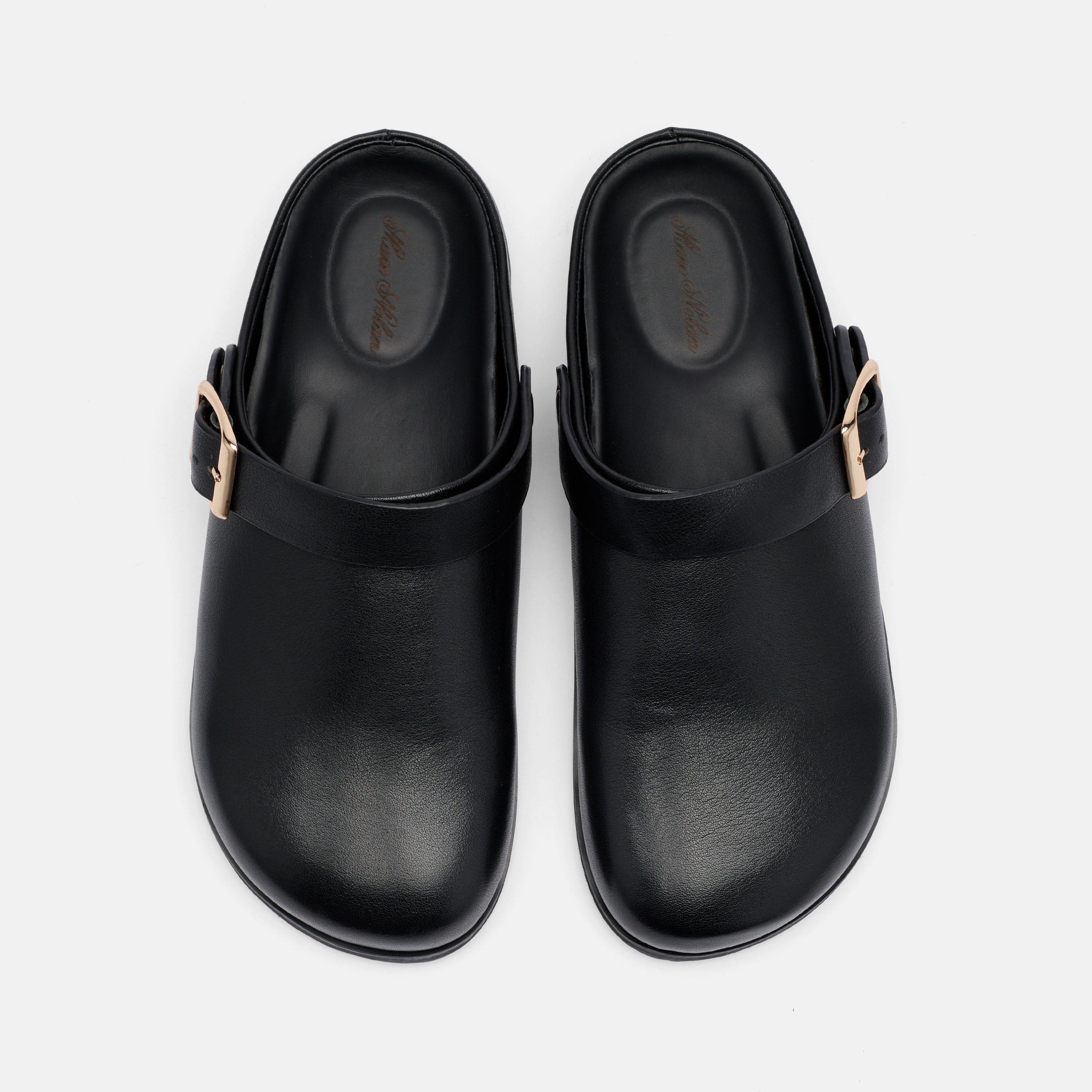 Solana Black Leather Backstrap Clogs