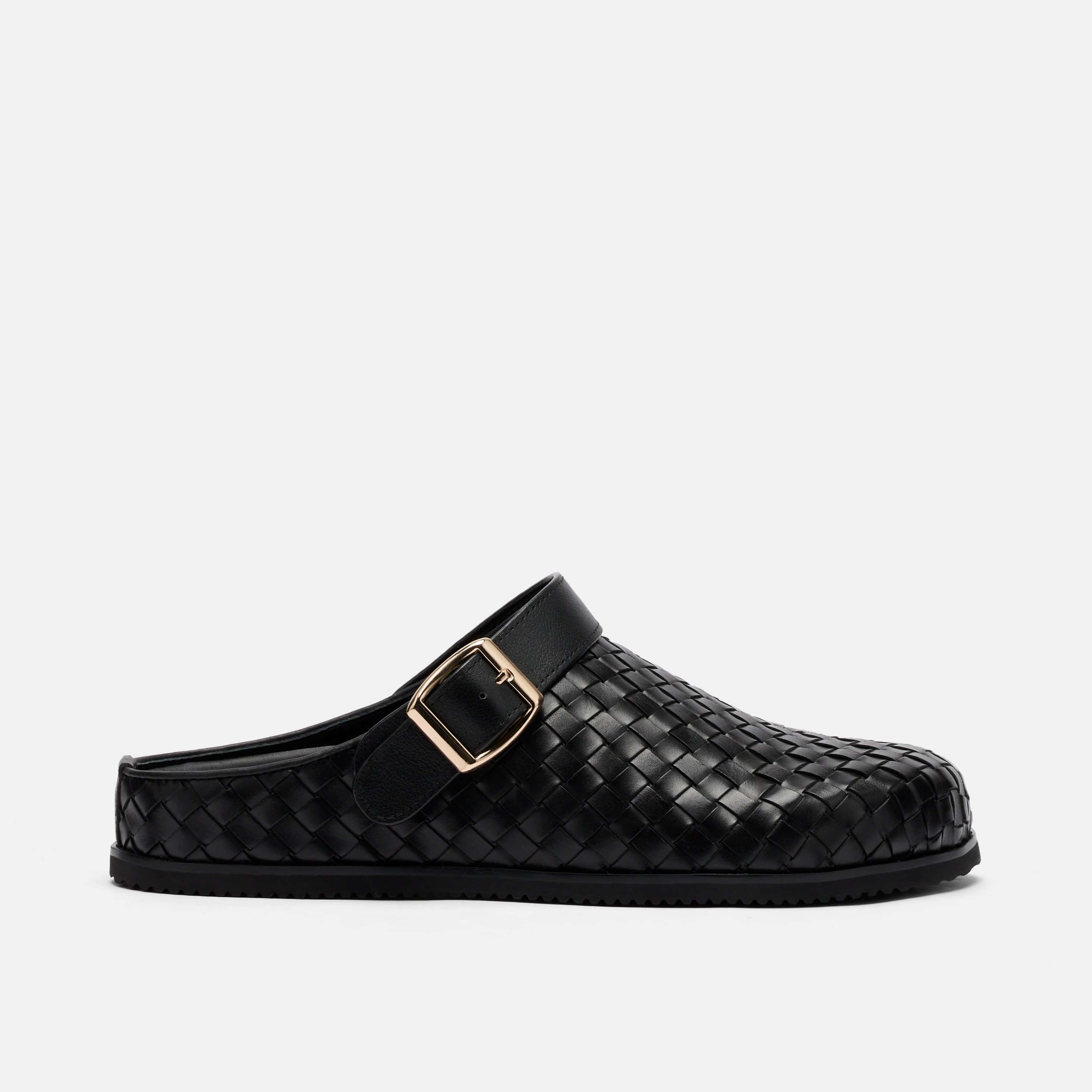 Solana Black Woven Leather Backstrap Clogs