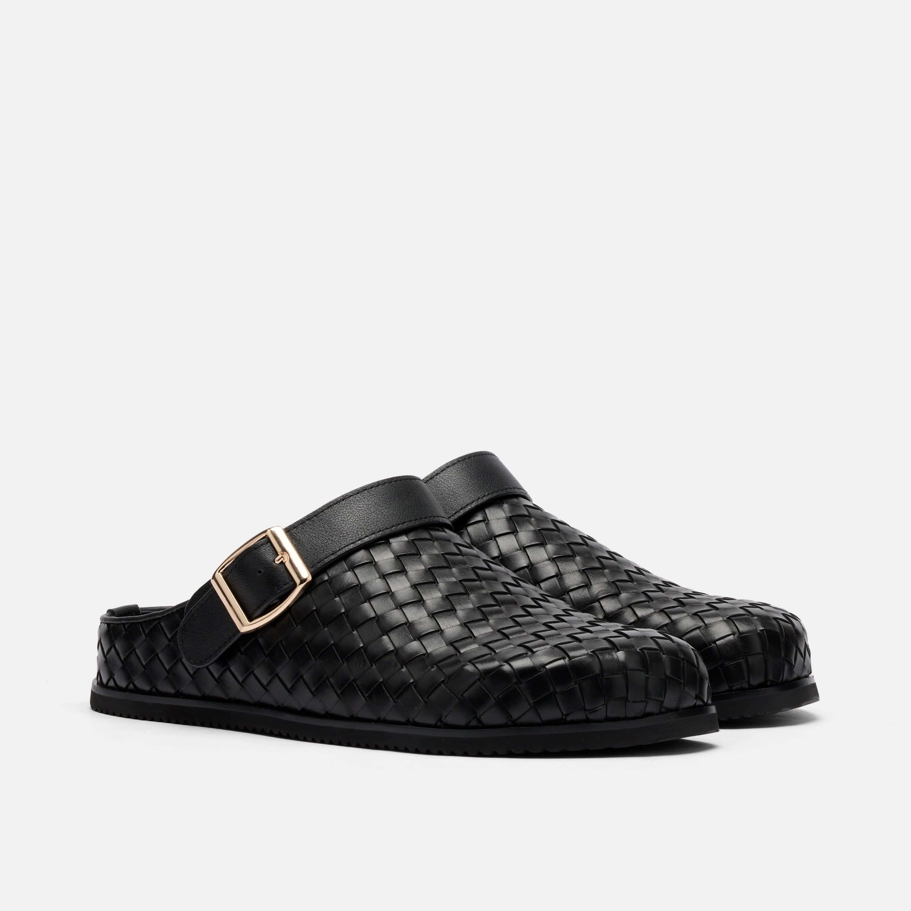 Solana Black Woven Leather Backstrap Clogs