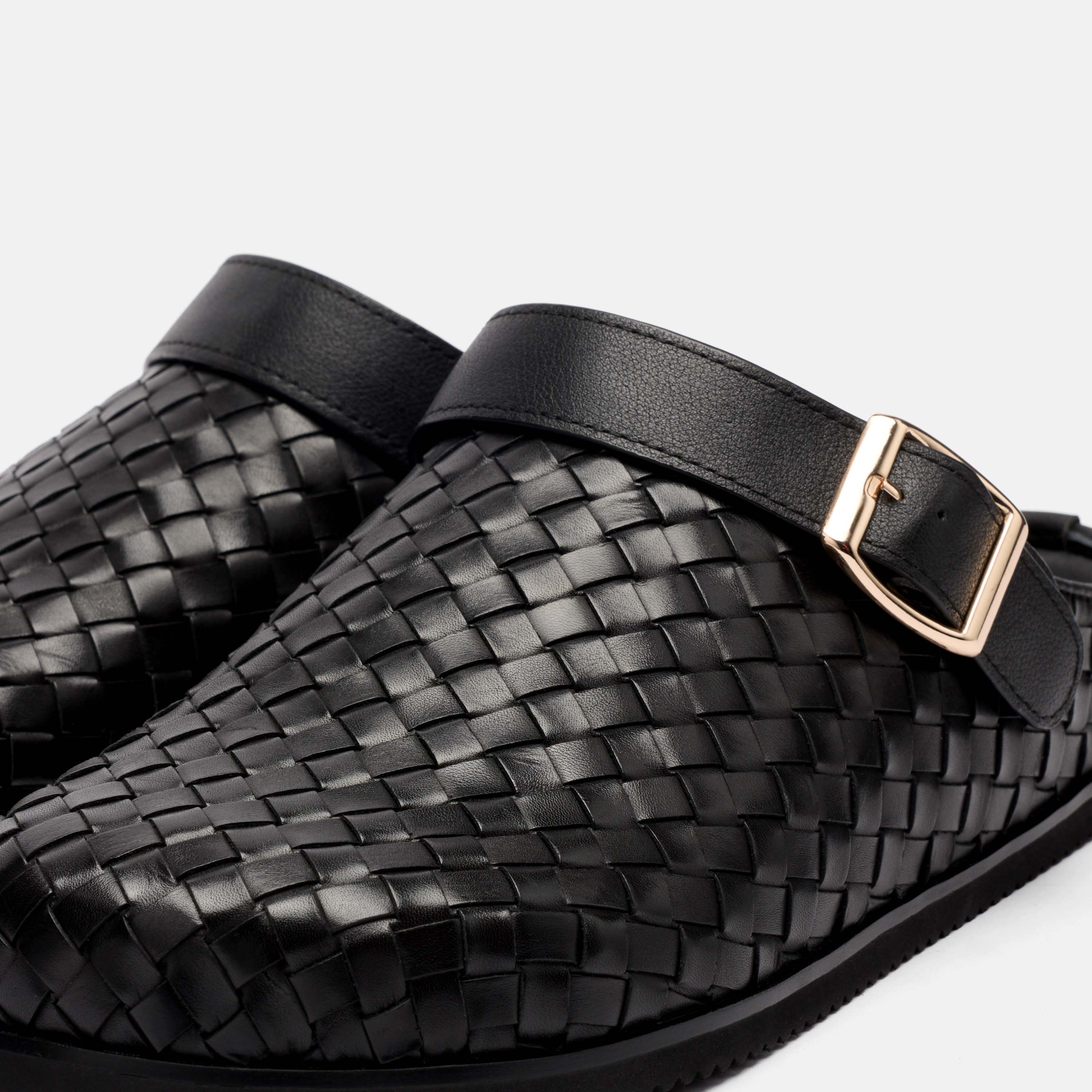 Solana Black Woven Leather Backstrap Clogs