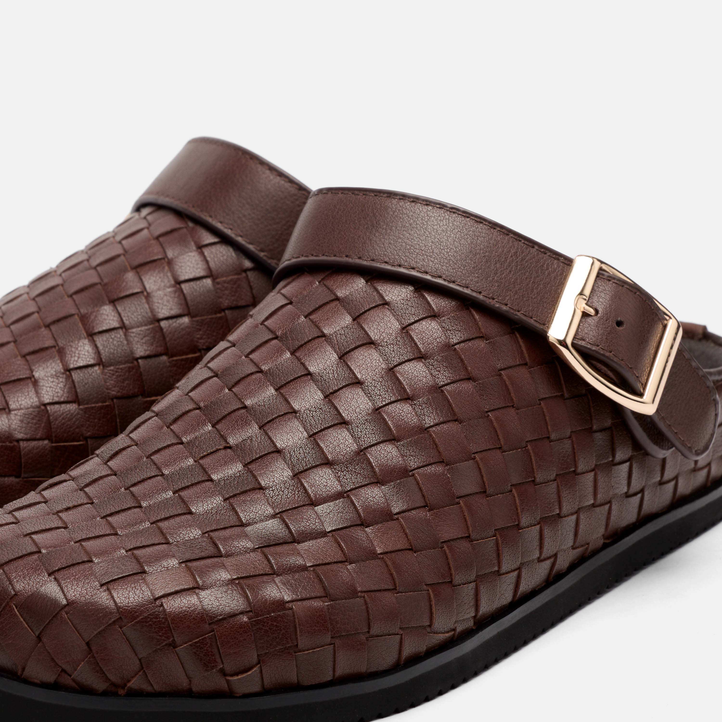 Solana Brown Woven Leather Backstrap Clogs