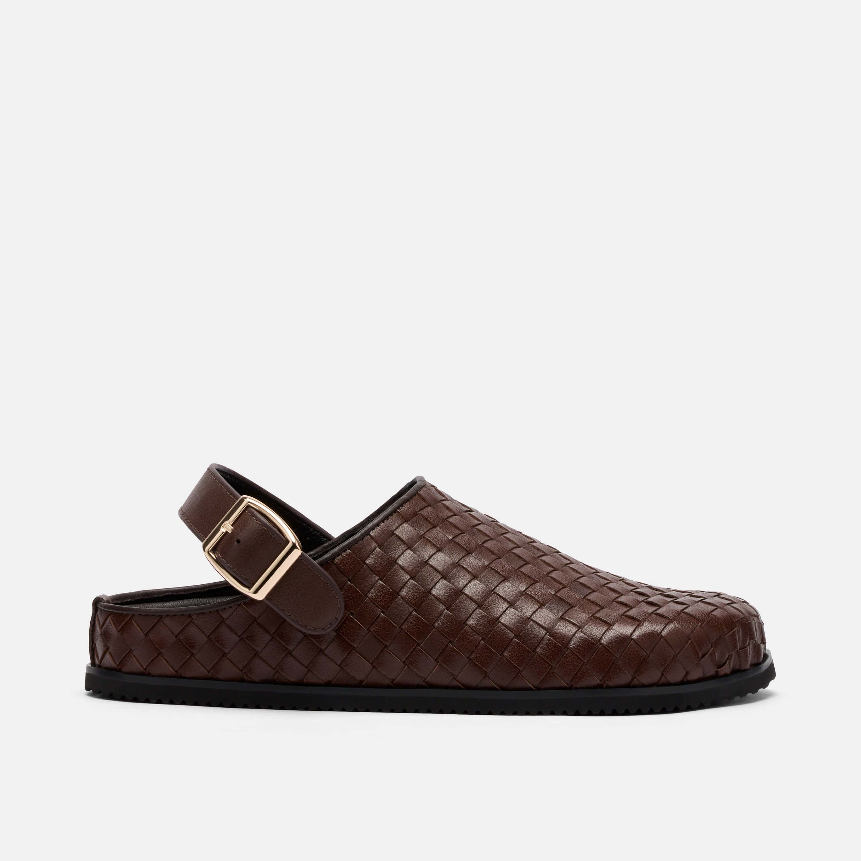Solana Brown Woven Leather Backstrap Clogs