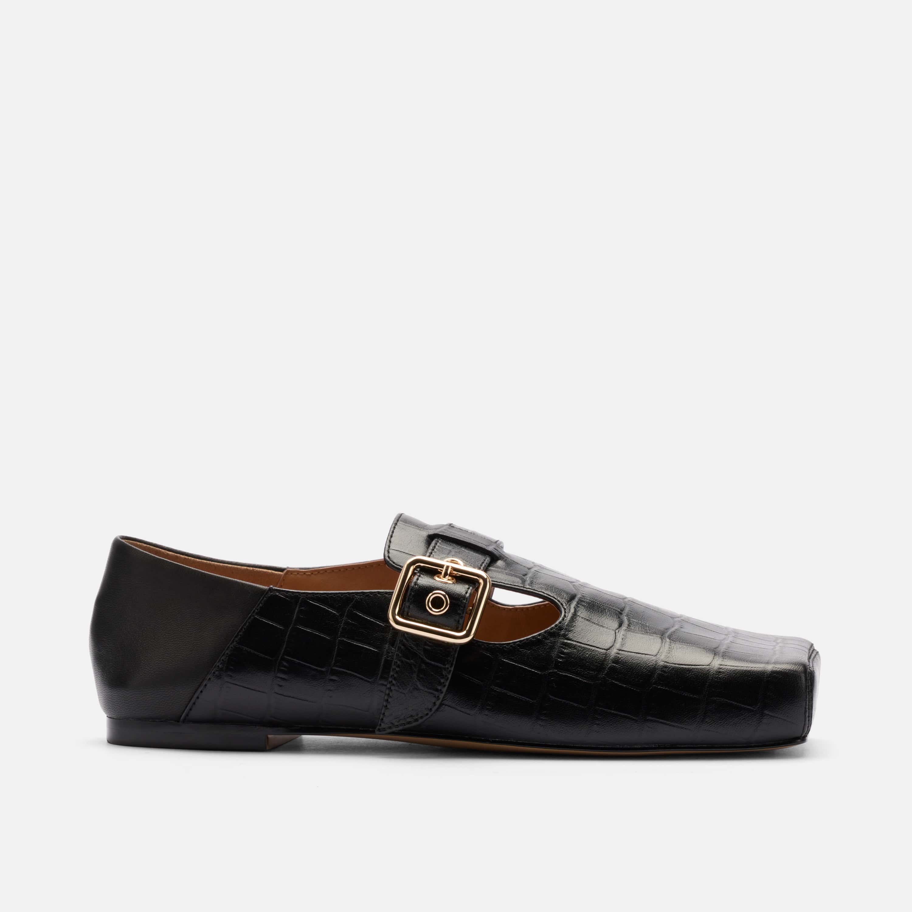 Sutton Black Croc Leather Mary Jane Flat