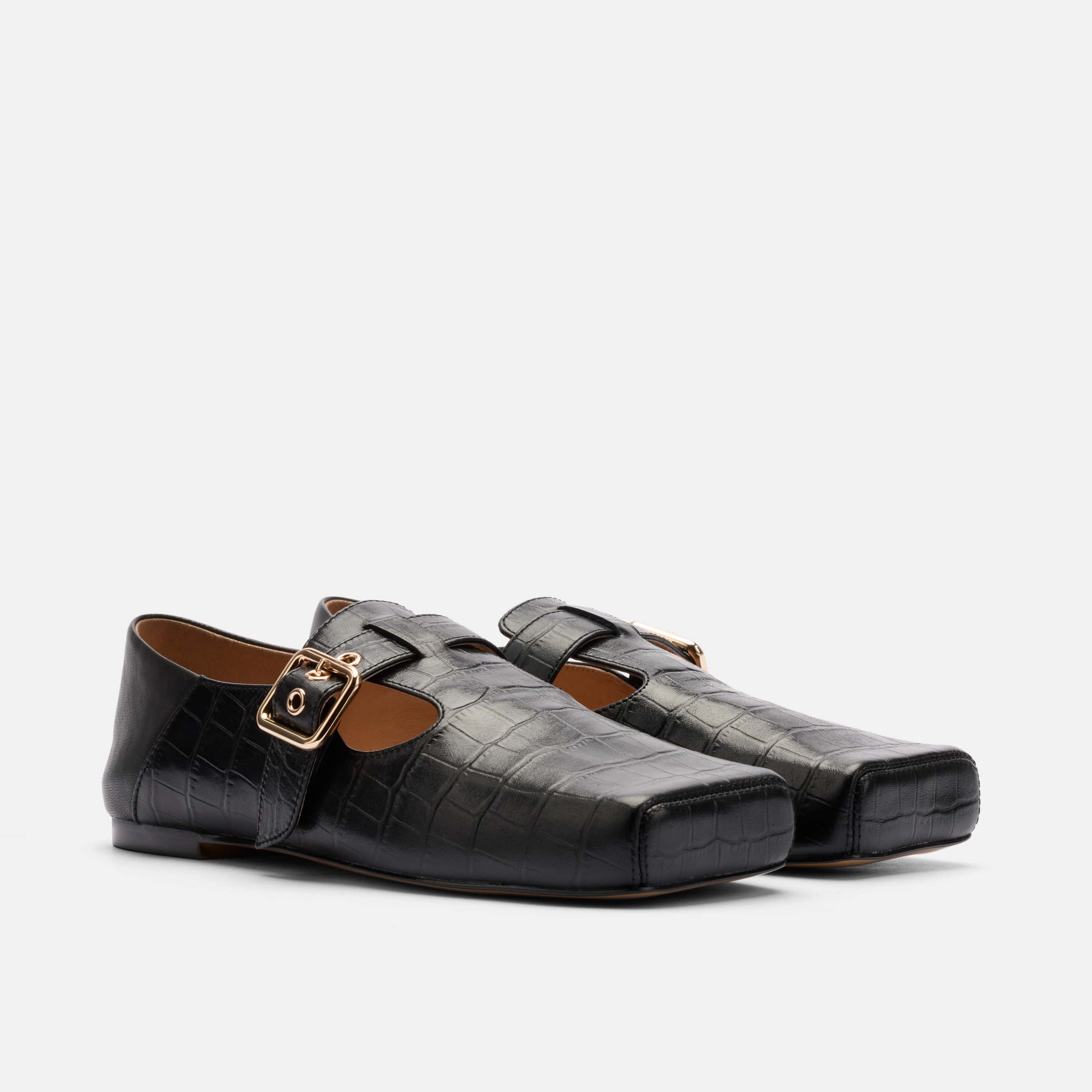 Sutton Black Croc Leather Mary Jane Flat