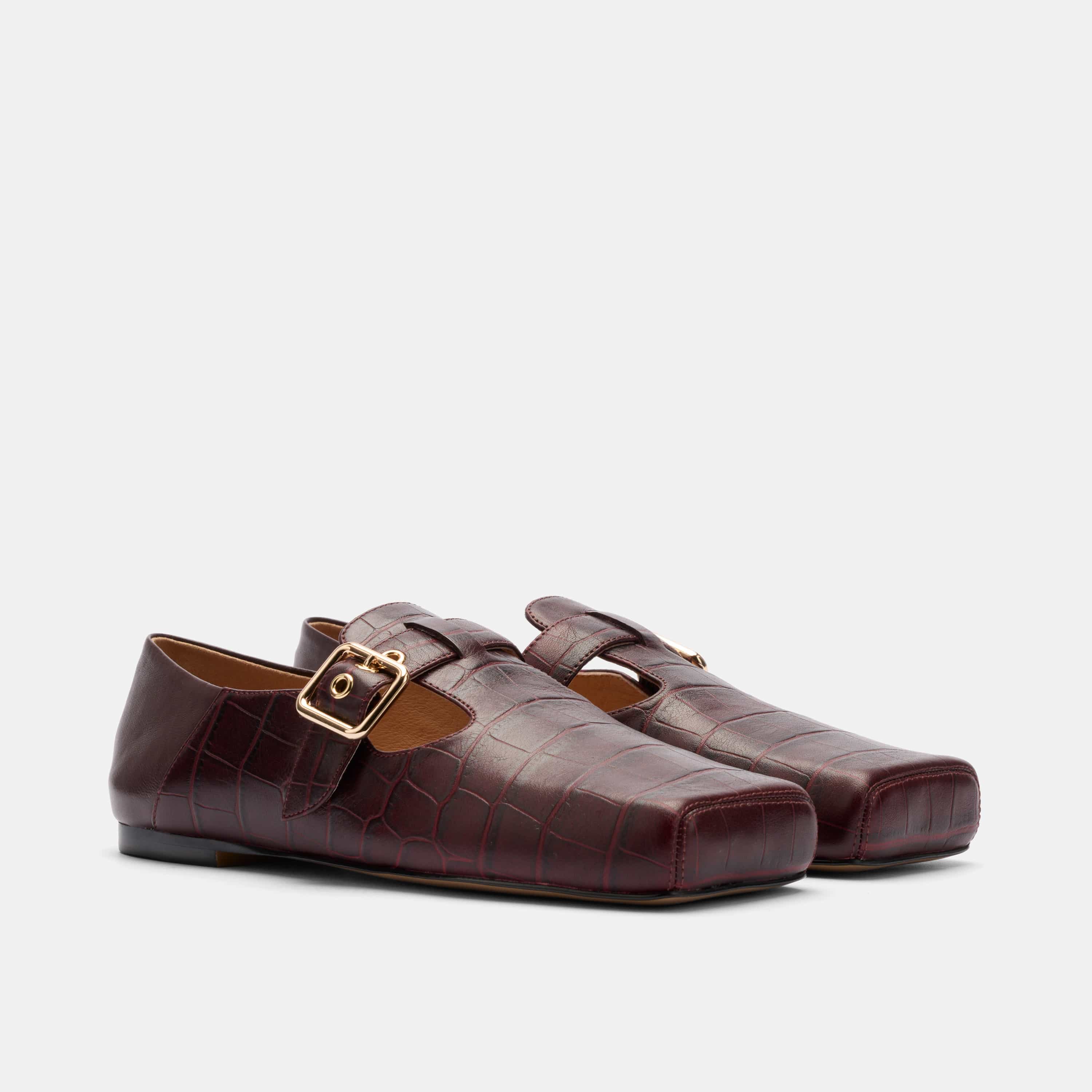 Sutton Bordeaux Croc Leather Mary Jane Flat