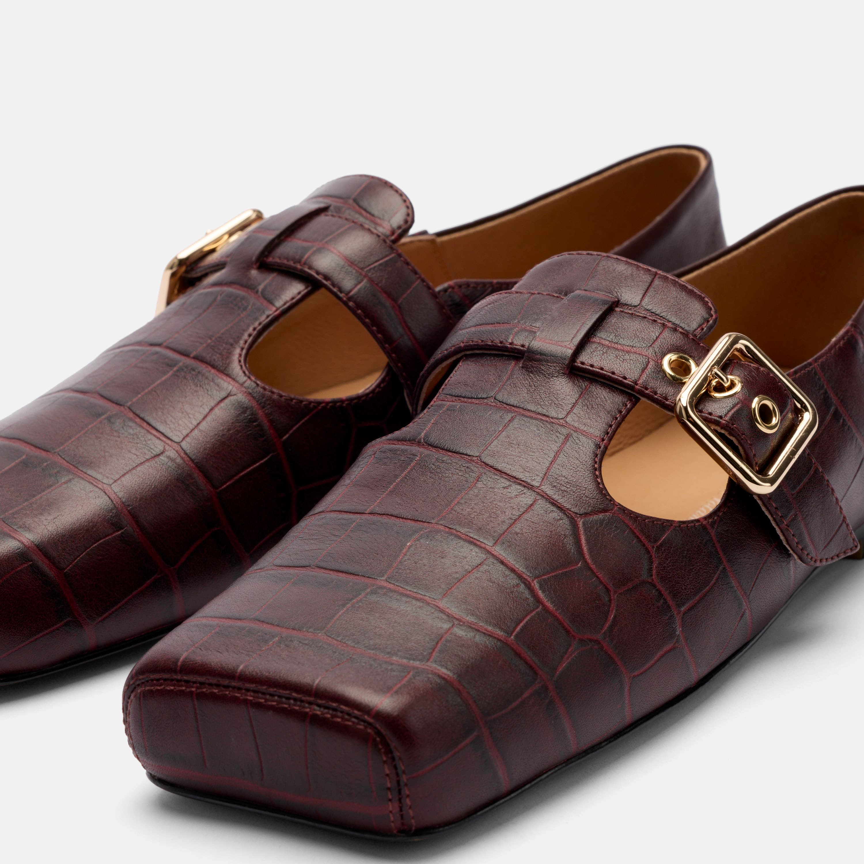 Sutton Bordeaux Croc Leather Mary Jane Flat