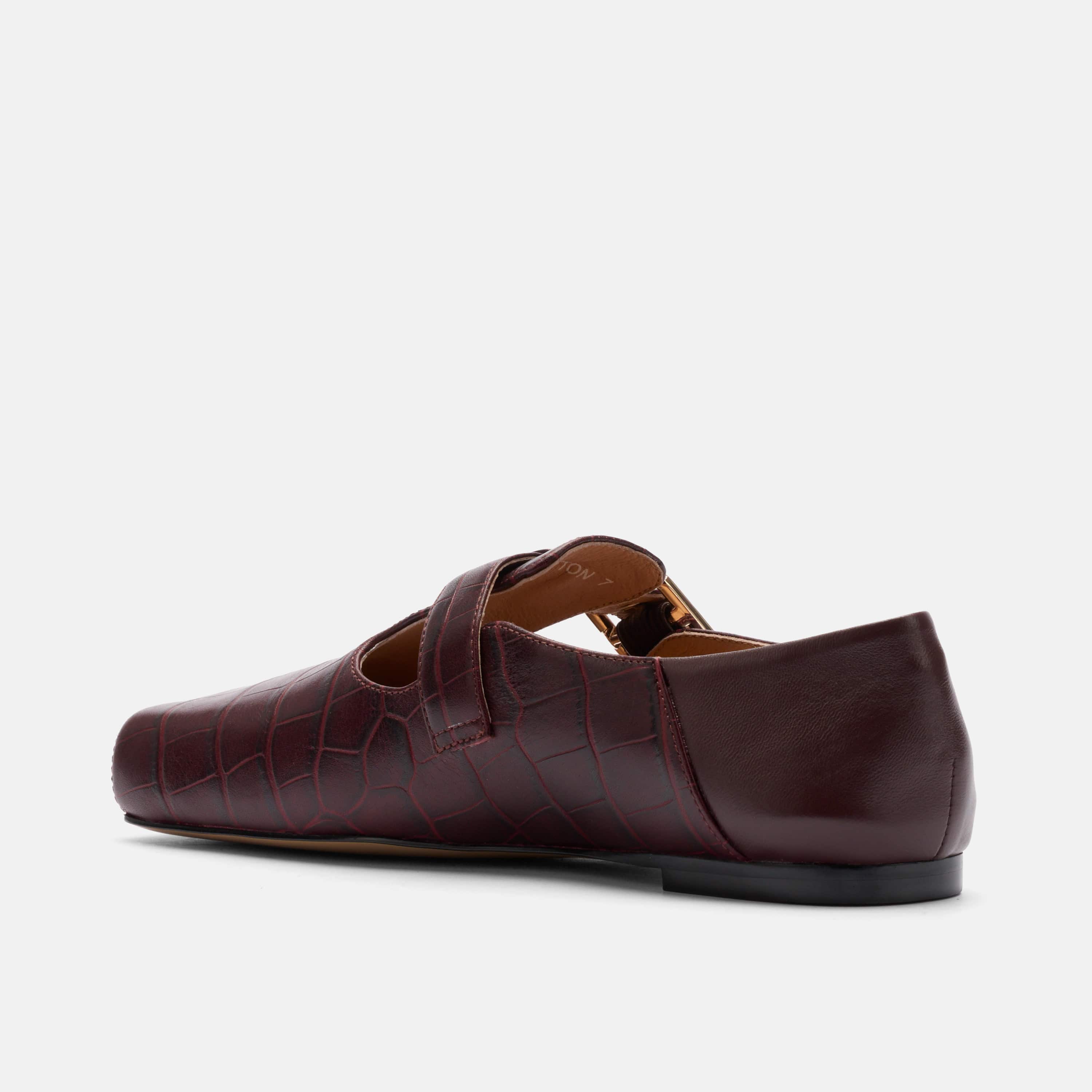 Sutton Bordeaux Croc Leather Mary Jane Flat