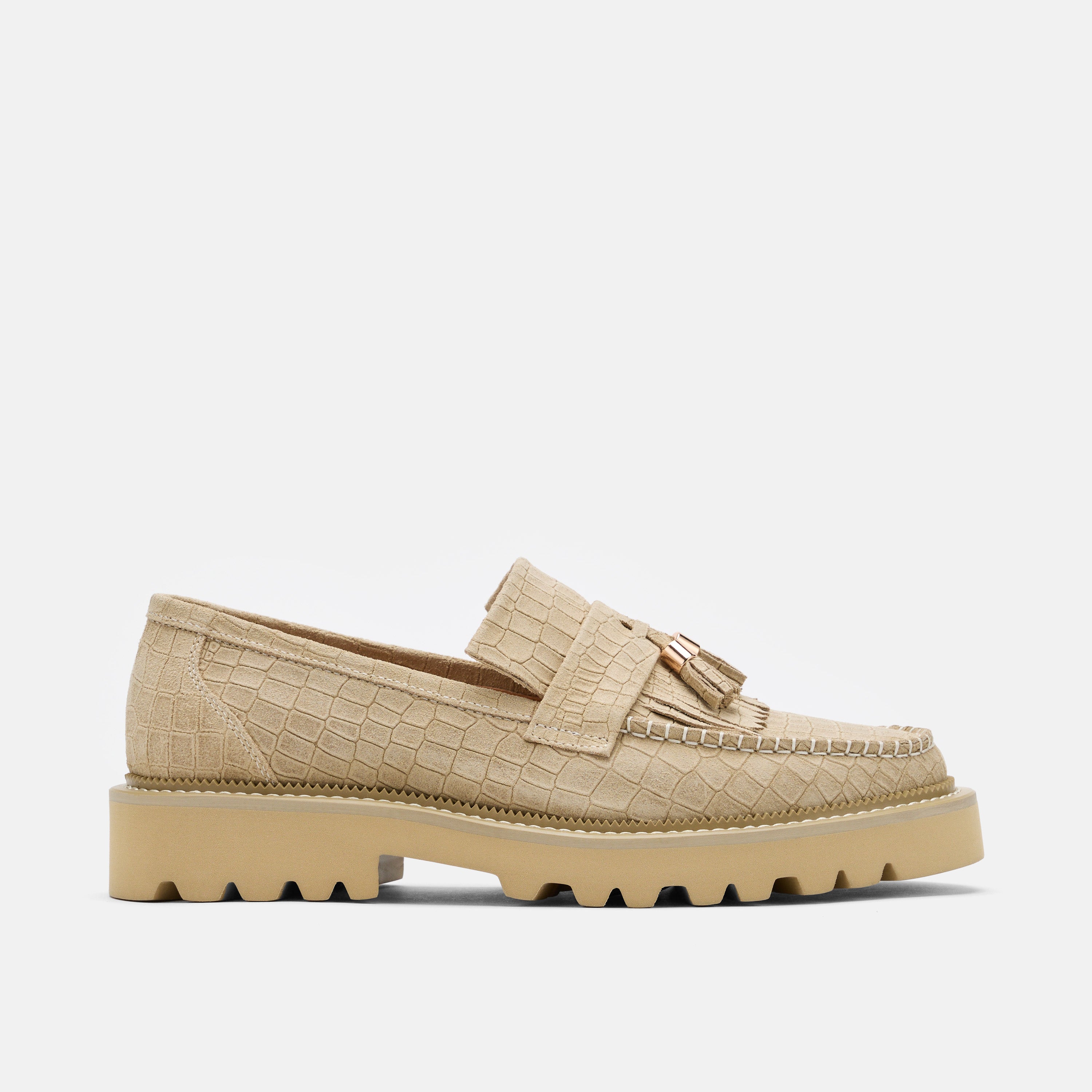 Journey Tan Croc Suede Lug Tassel Loafer