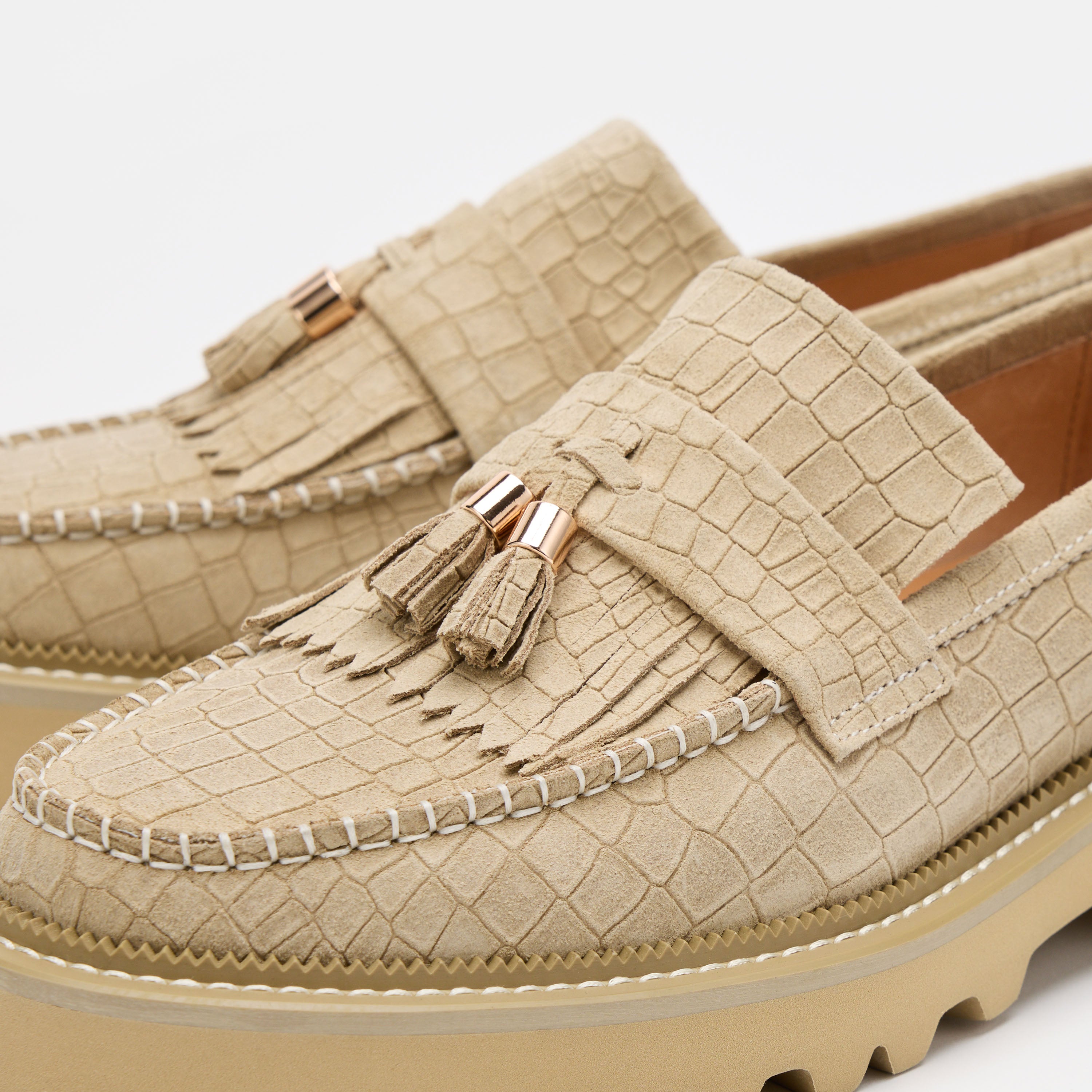 Journey Tan Croc Suede Lug Tassel Loafer