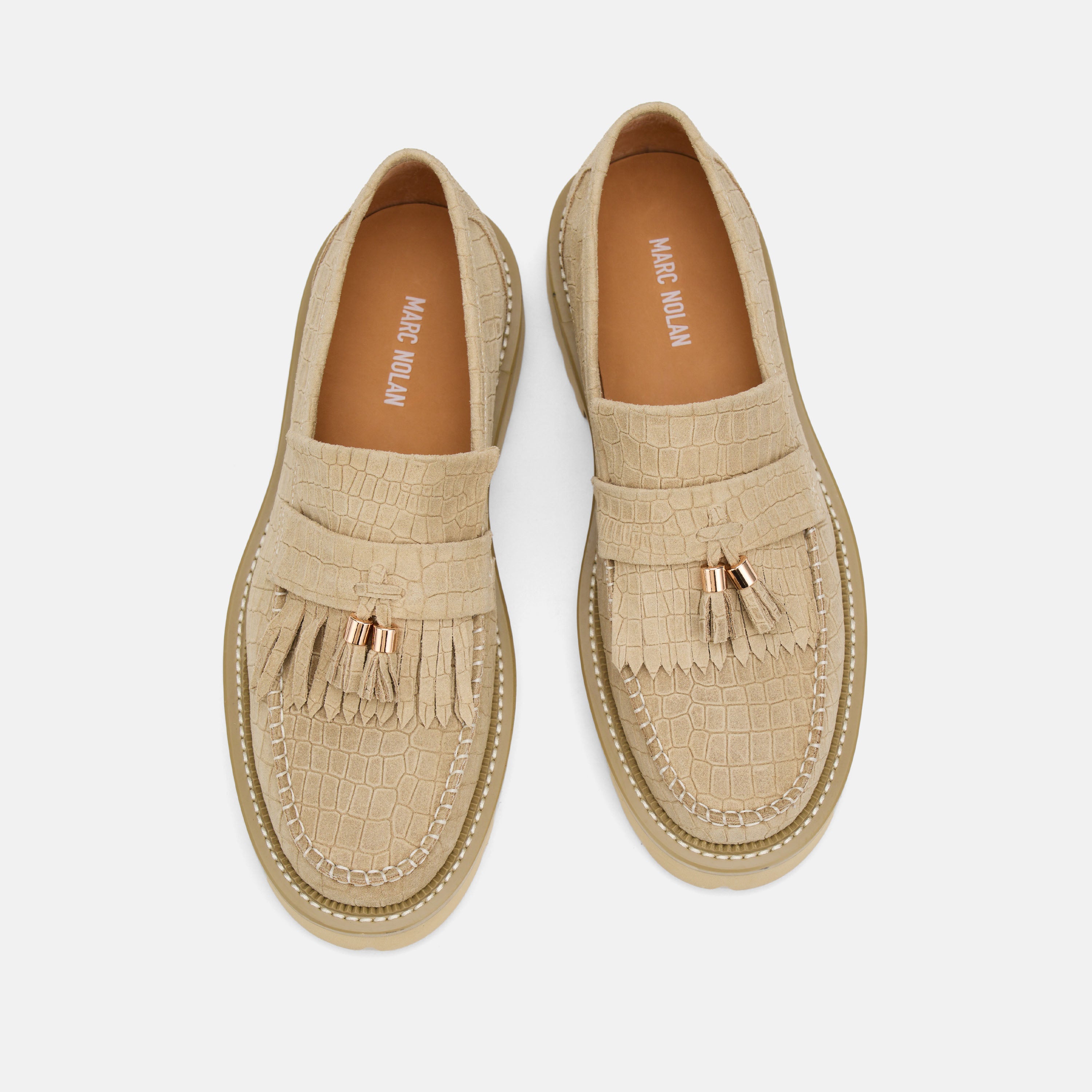 Journey Tan Croc Suede Lug Tassel Loafer