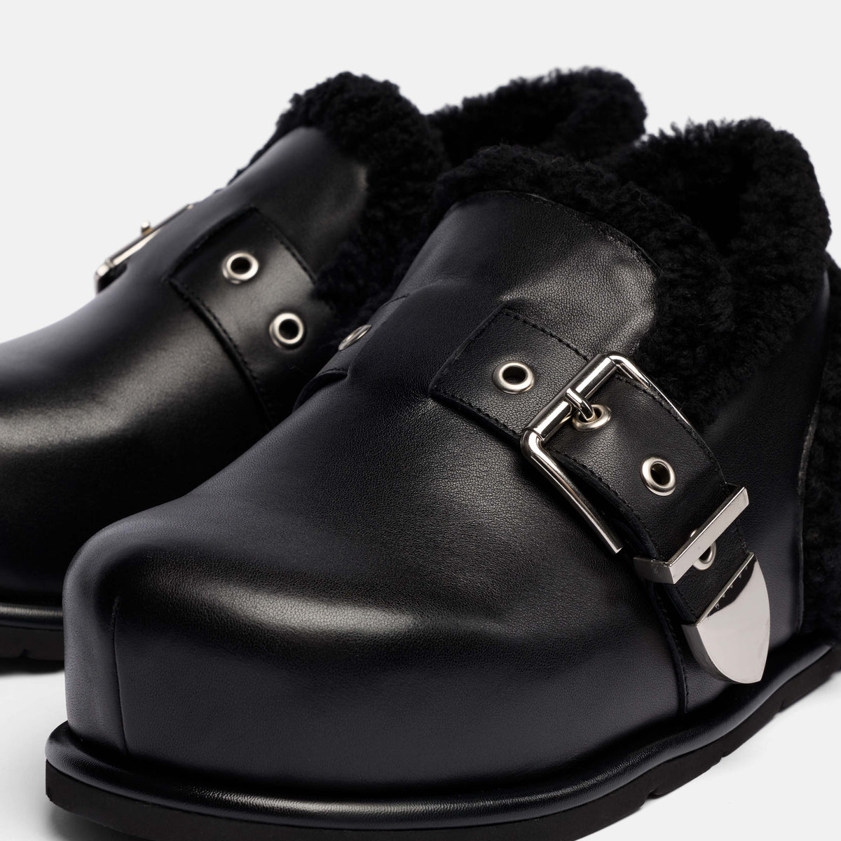 Teddy Black Leather Shearling Buckle Clog