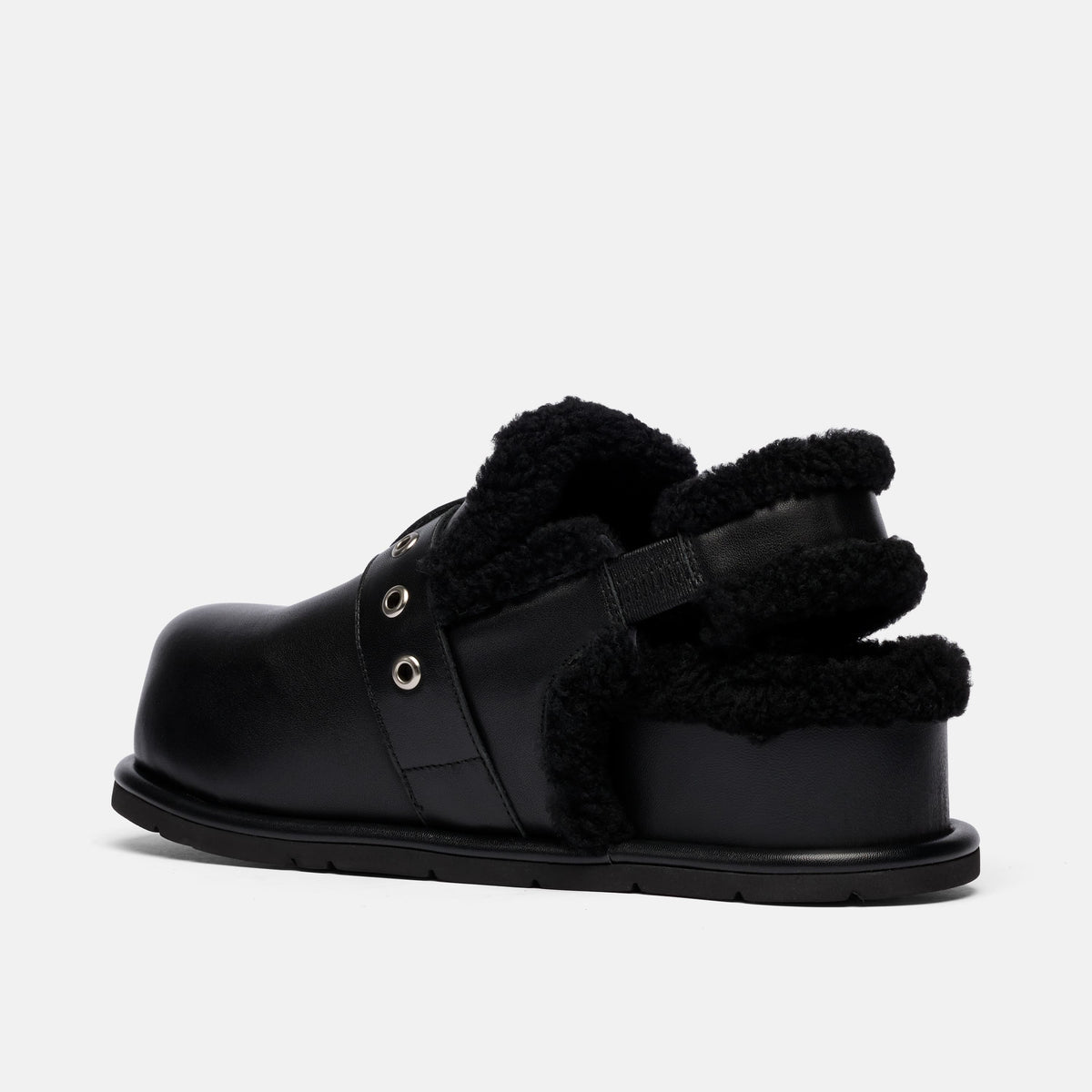 Teddy Black Leather Shearling Buckle Clog