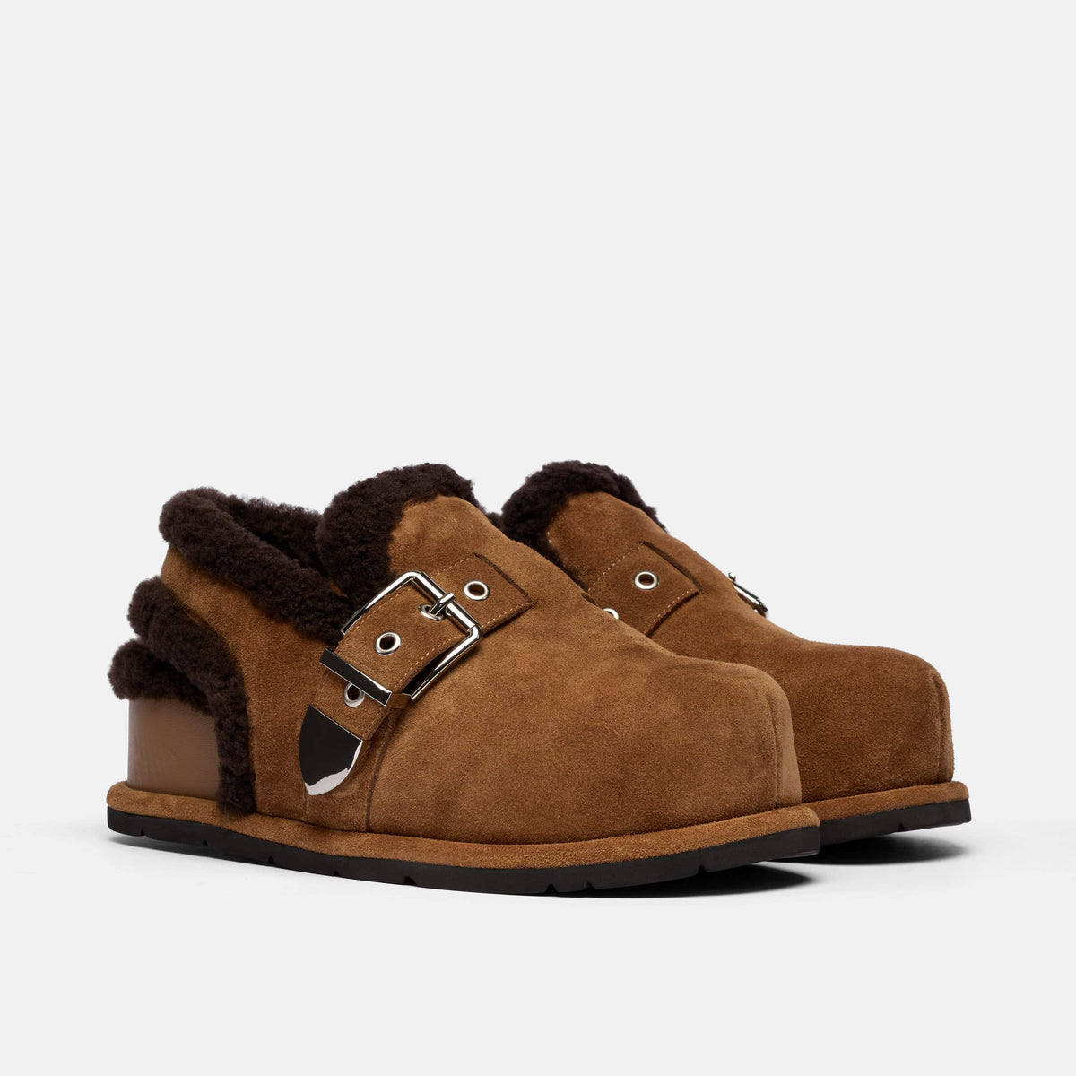 Teddy Wheat Suede Shearling Buckle Clog
