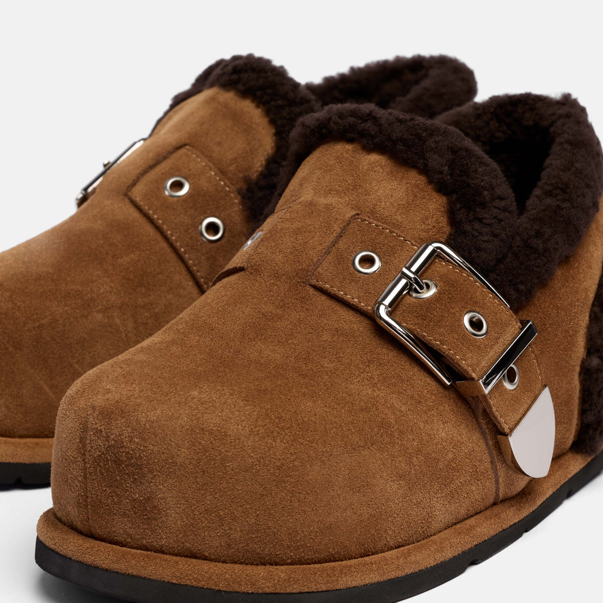Teddy Wheat Suede Shearling Buckle Clog