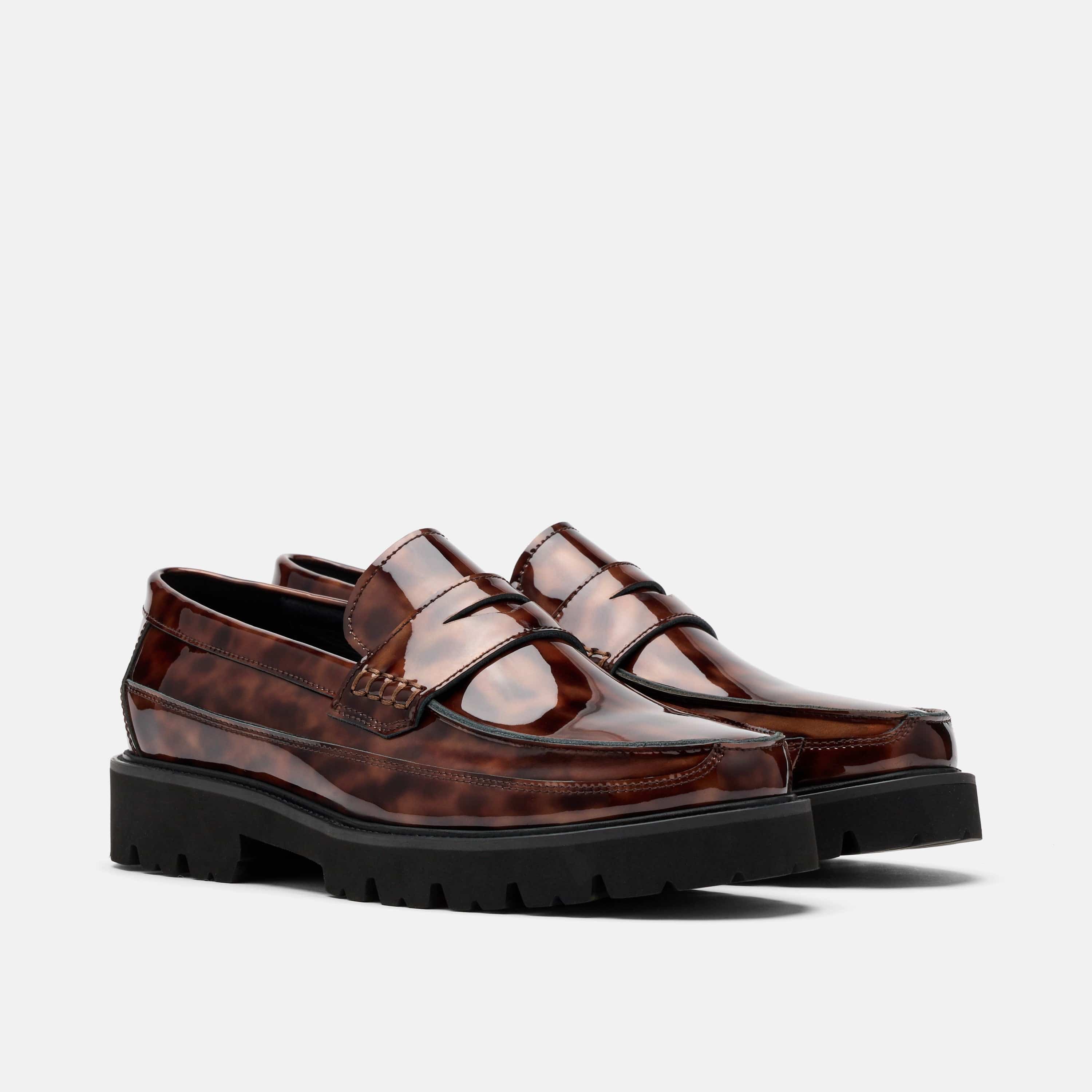 Adler Tortoiseshell Patent Leather Lug Penny Loafers