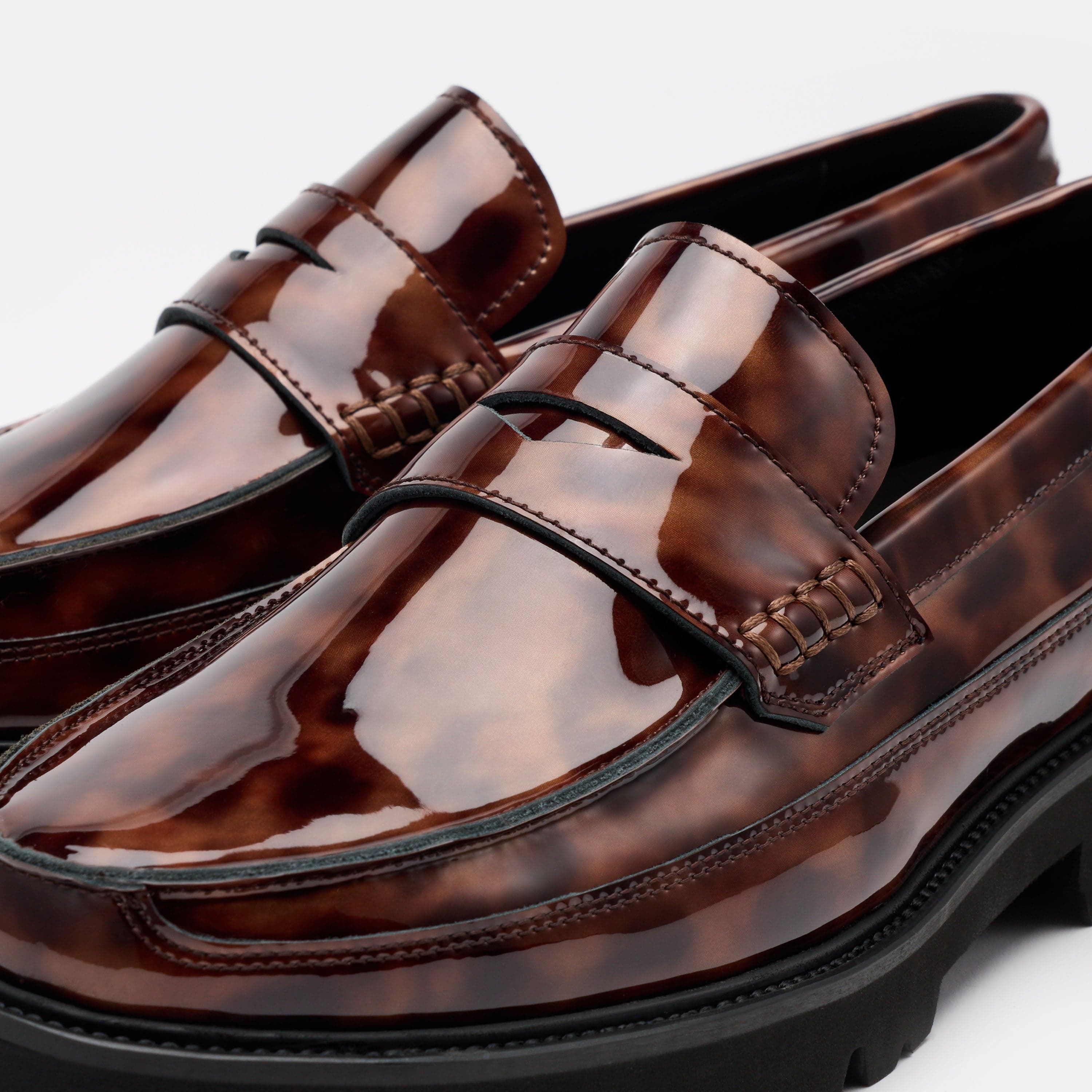 Adler Tortoiseshell Patent Leather Lug Penny Loafers