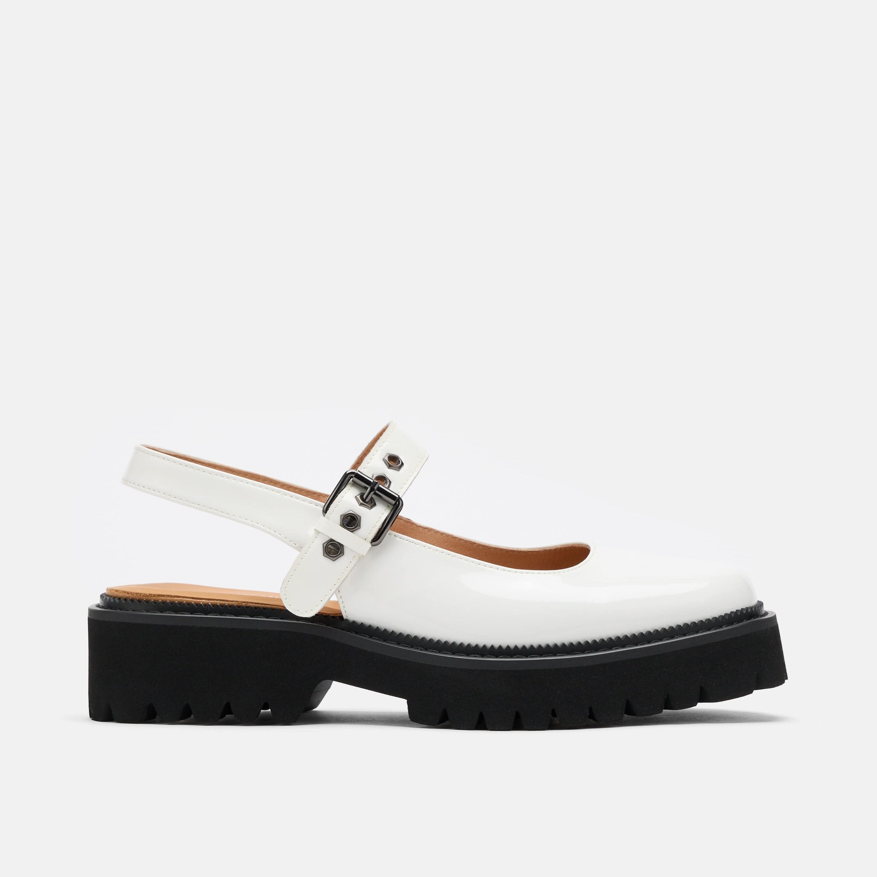 Luna White Leather Mary Jane Lug Slingbacks