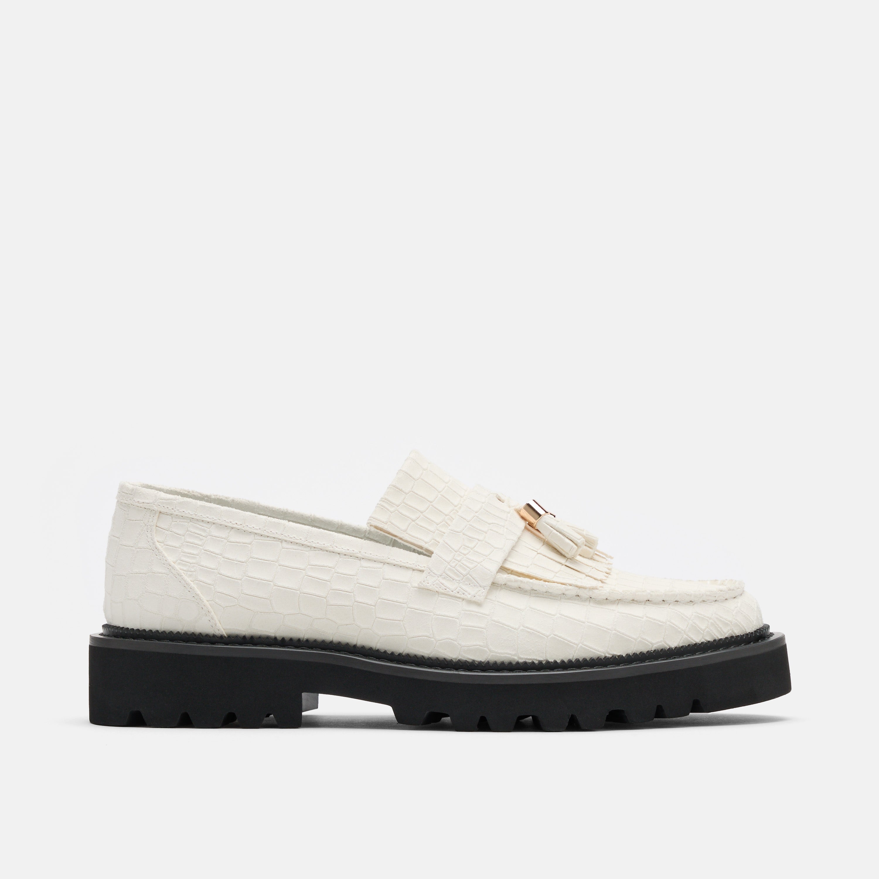 Journey White Croc Suede Lug Tassel Loafer