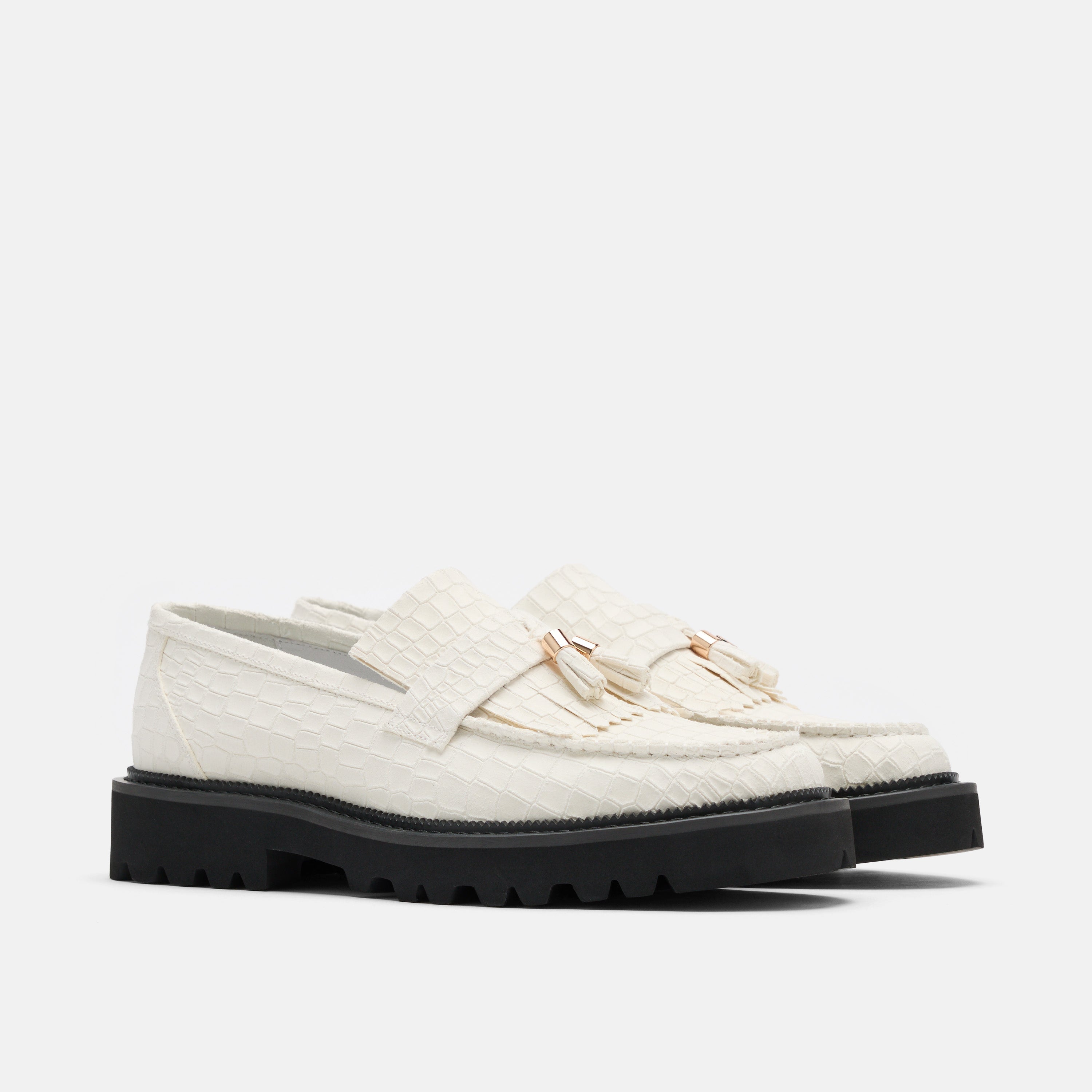 Journey White Croc Suede Lug Tassel Loafer