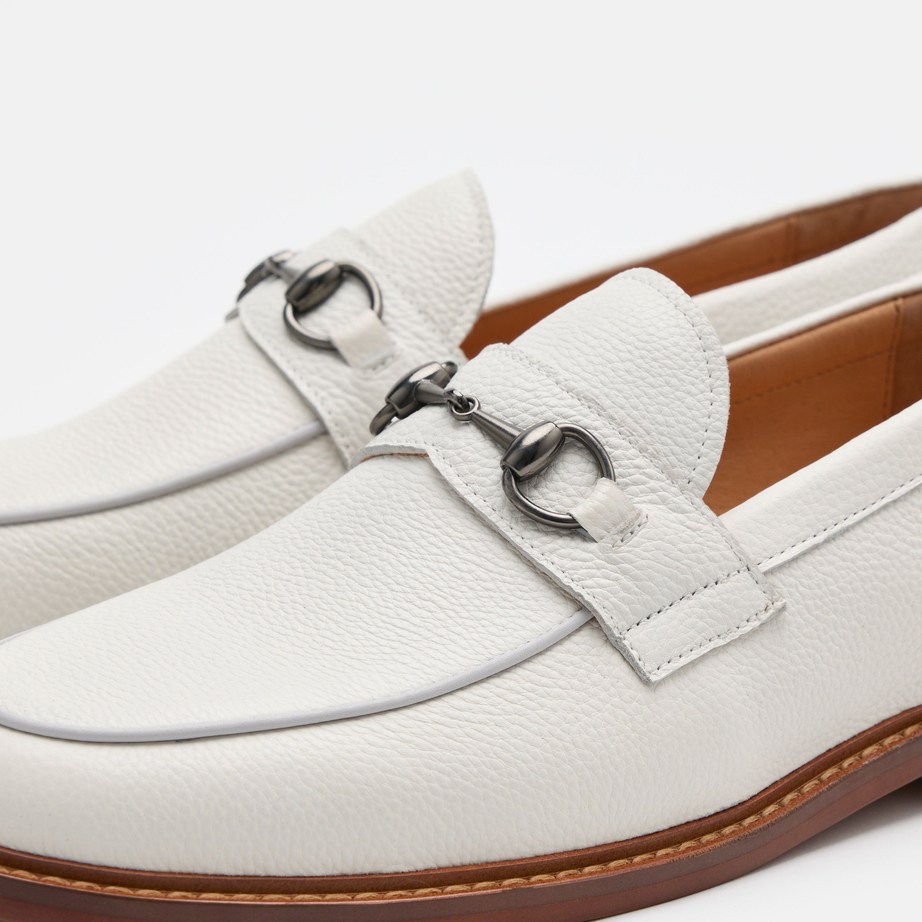 Boardwalk White Pebble Leather Horse-Bit Loafers