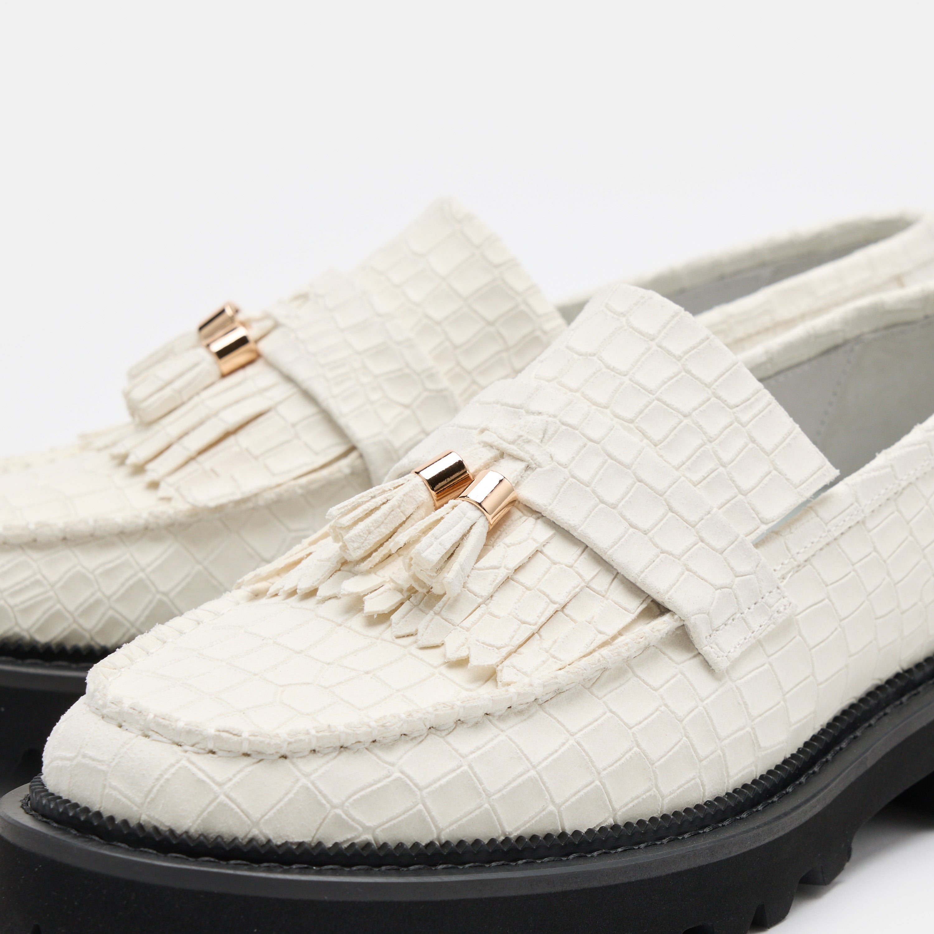 Journey White Croc Suede Lug Tassel Loafer