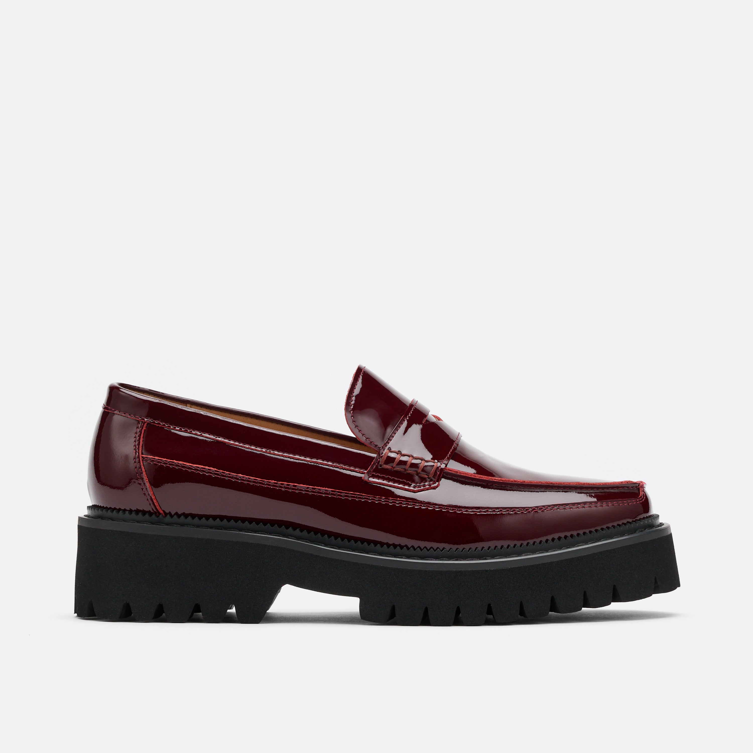 Ms. Adler Wine Red Patent Leather Lug Penny Loafers