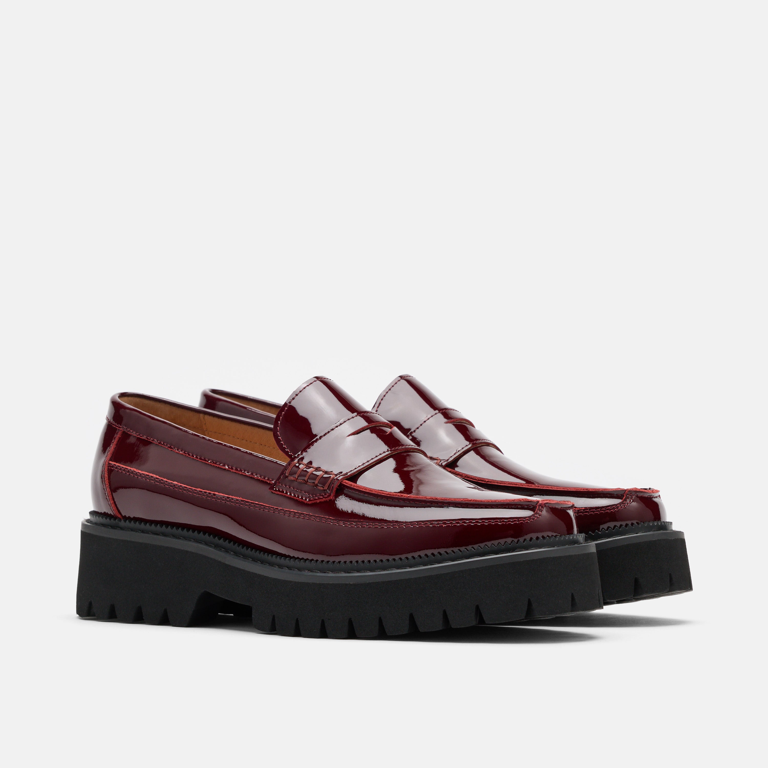 Ms. Adler Wine Red Patent Leather Lug Penny Loafers